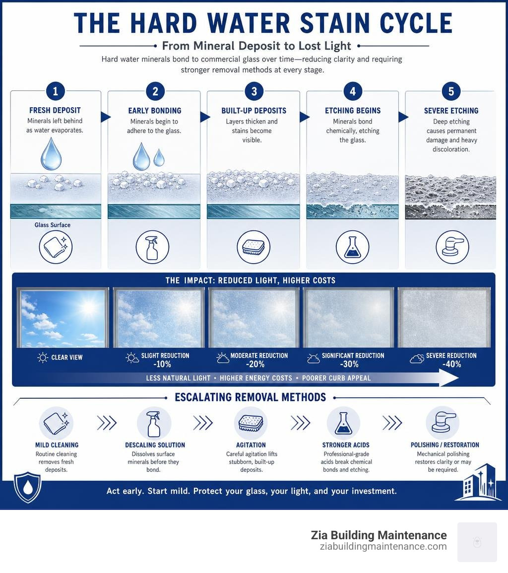 Infographic showing how hard water minerals bond to commercial glass in stages, reducing light and requiring escalating Infographic showing how hard water minerals bond to commercial glass in stages, reducing light and requiring escalating