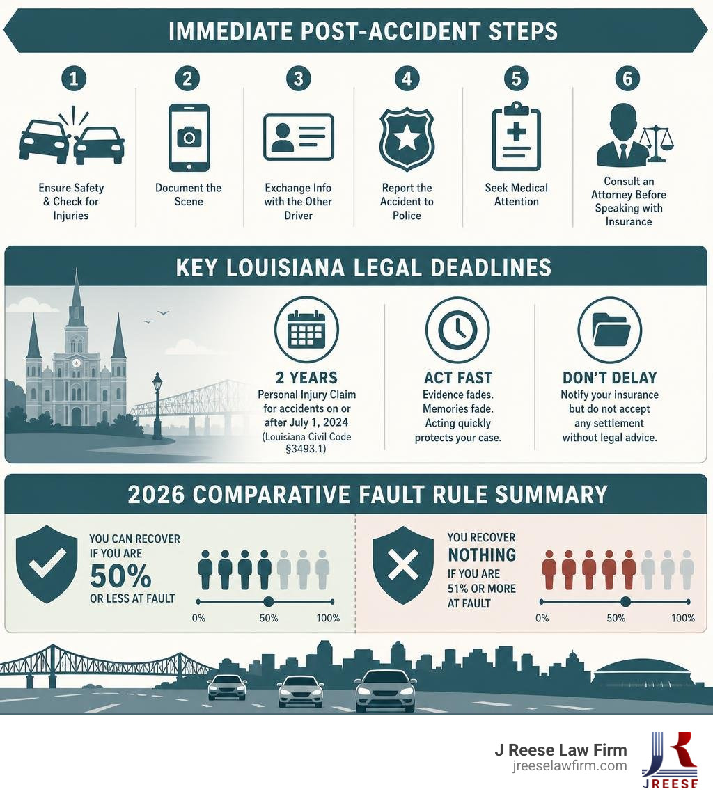 Infographic showing immediate post-accident steps, key Louisiana legal deadlines, and 2026 comparative fault rule summary