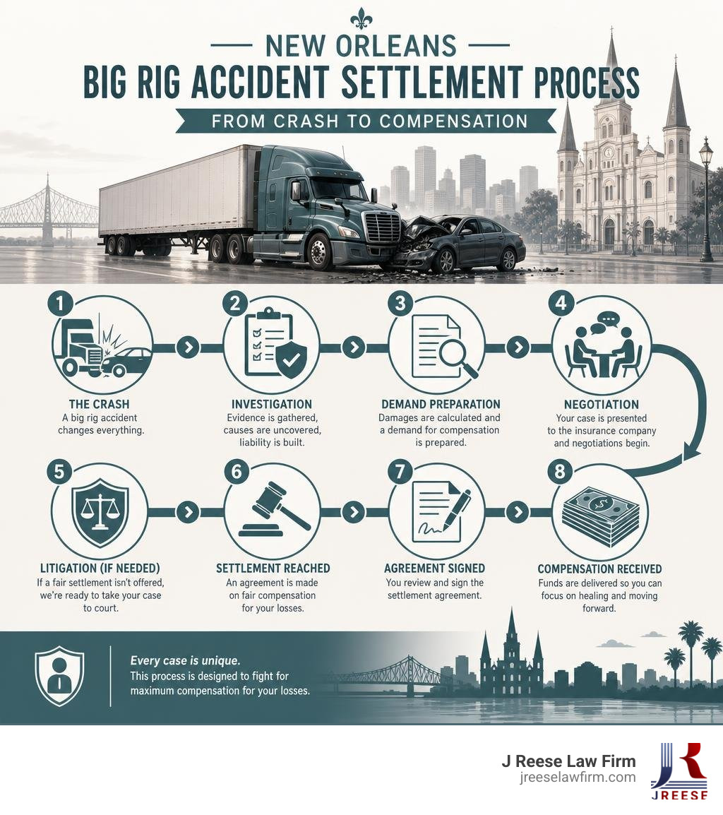 Infographic showing the New Orleans big rig accident settlement process from crash to compensation infographic