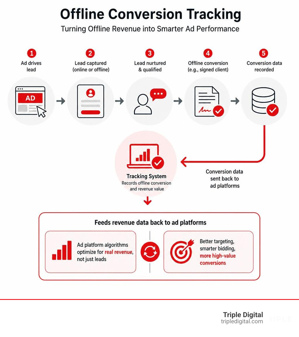 Infographic showing how offline conversion tracking feeds revenue data back to Google and Meta ad algorithms infographic Infographic showing how offline conversion tracking feeds revenue data back to Google and Meta ad algorithms infographic
