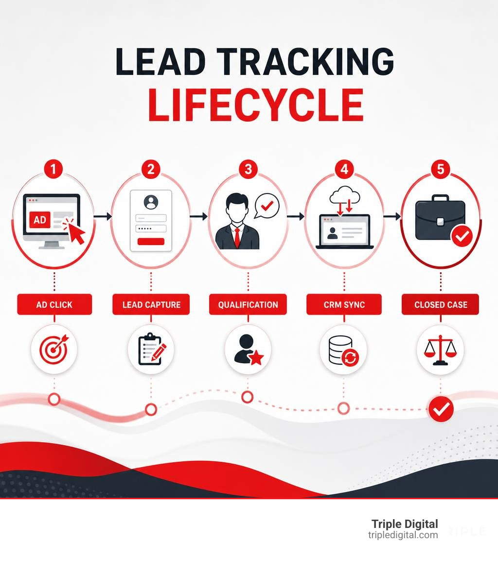 Lead tracking lifecycle infographic: ad click → lead capture → qualification → CRM sync → closed case infographic Lead tracking lifecycle infographic: ad click → lead capture → qualification → CRM sync → closed case infographic
