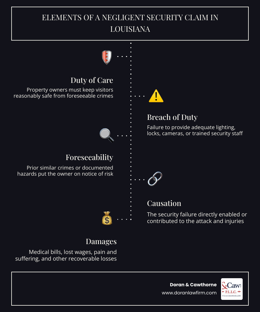 infographic showing the four elements of a negligent security claim in Louisiana: duty, breach, foreseeability, damages infographic showing the four elements of a negligent security claim in Louisiana: duty, breach, foreseeability, damages