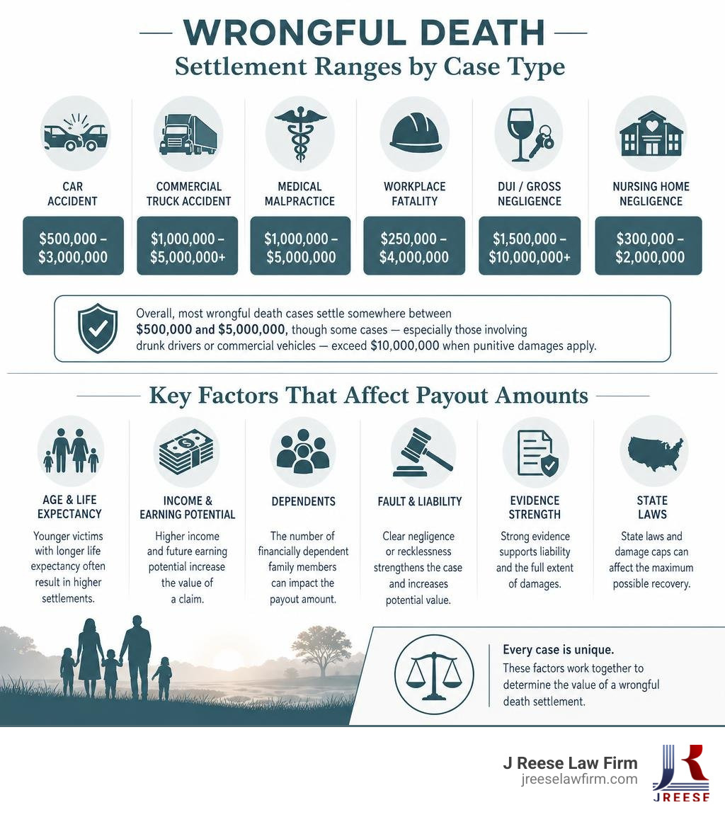 Infographic showing wrongful death settlement ranges by case type and key factors that affect payout amounts infographic