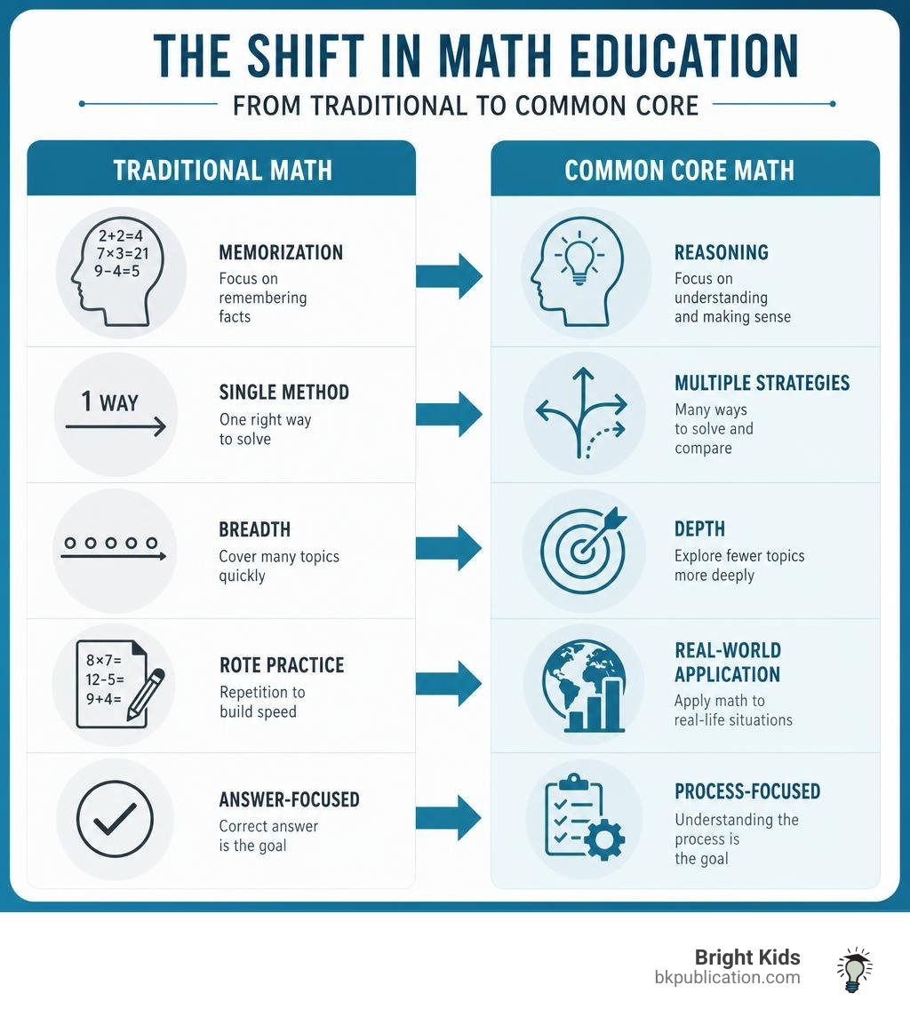 Infographic showing the shift from traditional to Common Core math: memorization vs. reasoning, single method vs. multiple