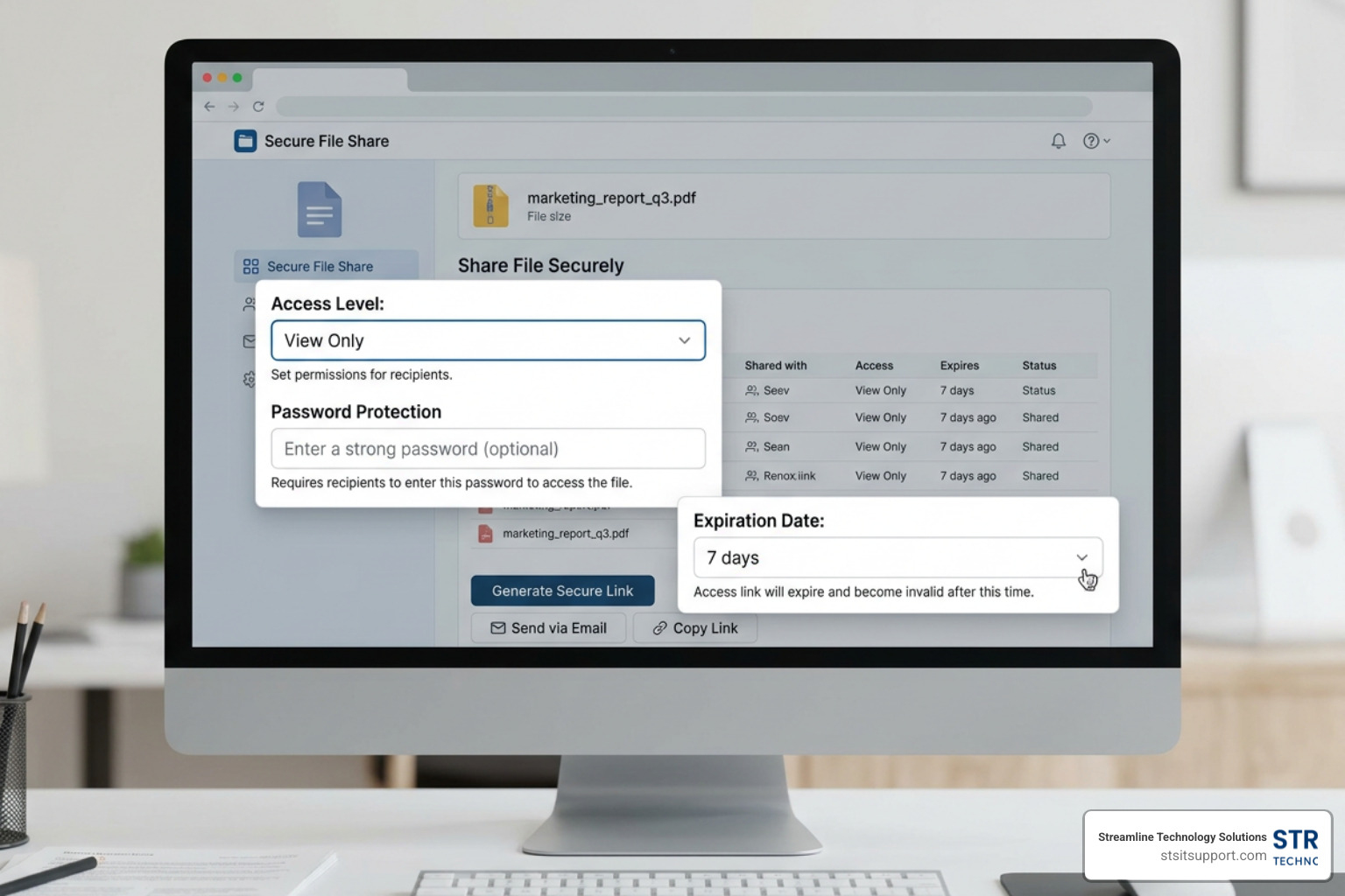 Secure file sharing interface demonstrating password protection, access levels, and expiration dates Secure file sharing interface demonstrating password protection, access levels, and expiration dates