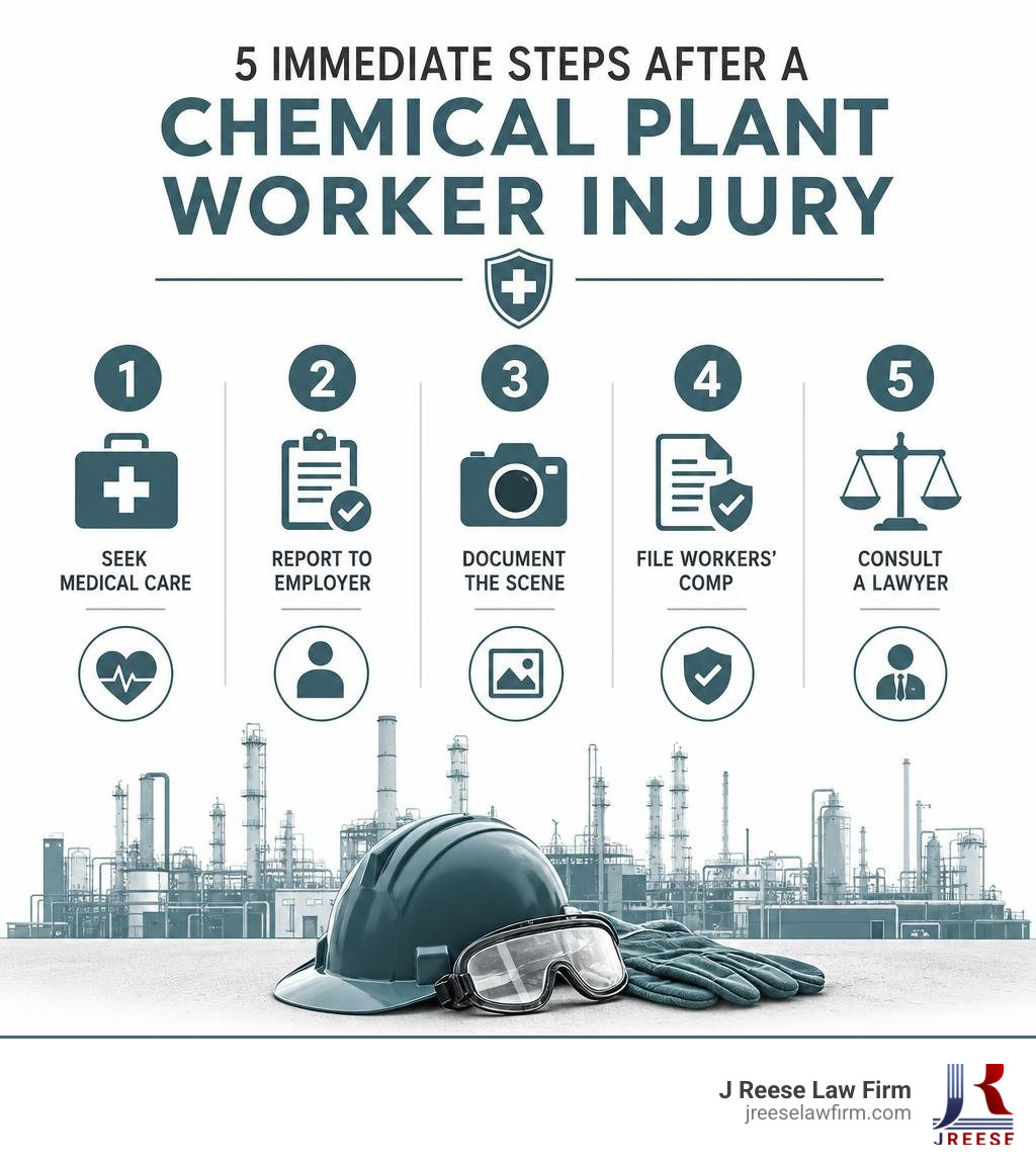 Infographic showing immediate steps after a chemical plant worker injury: seek medical care, report to employer, document