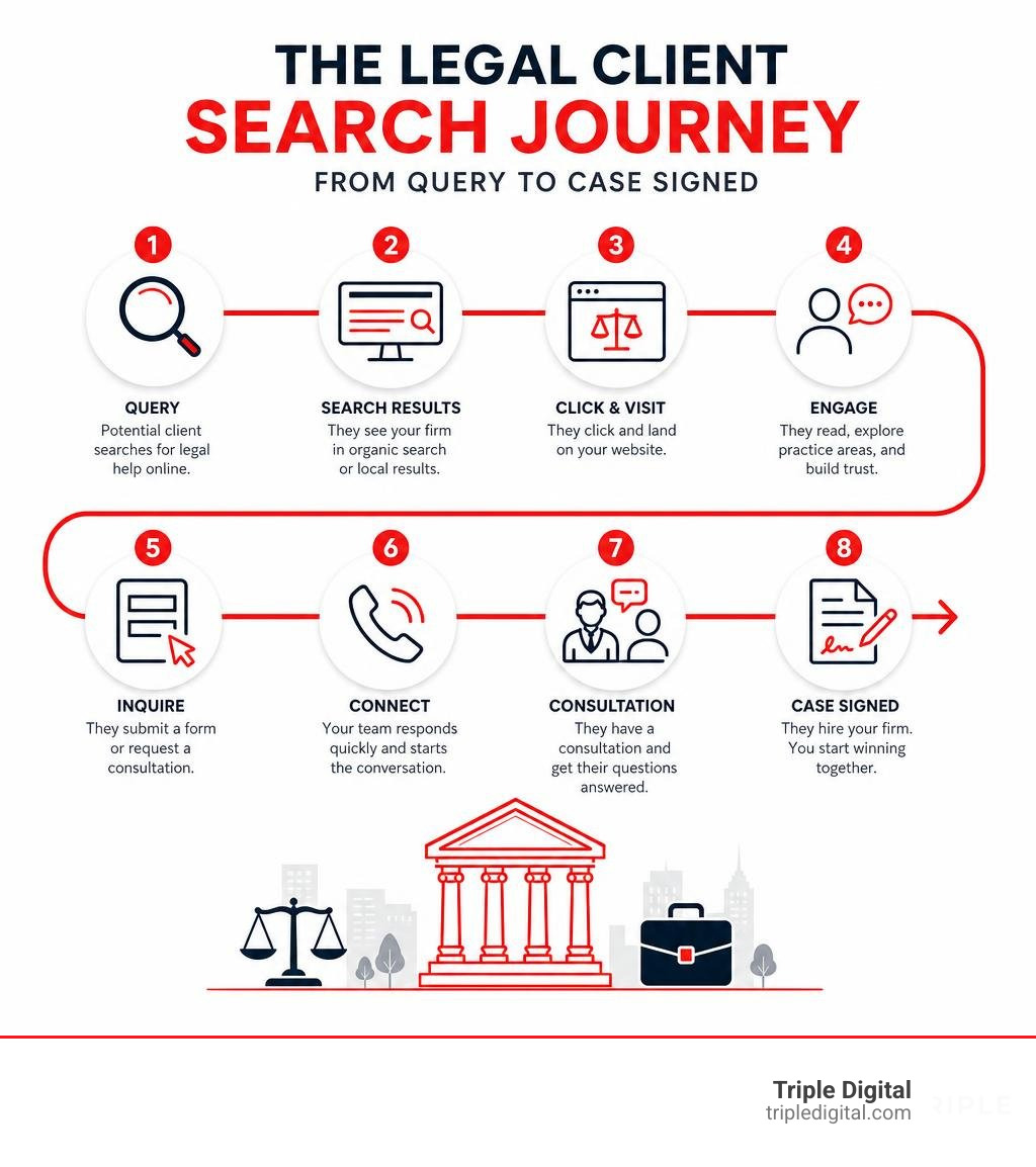 Infographic showing the legal client search journey from query to case signed infographic Infographic showing the legal client search journey from query to case signed infographic