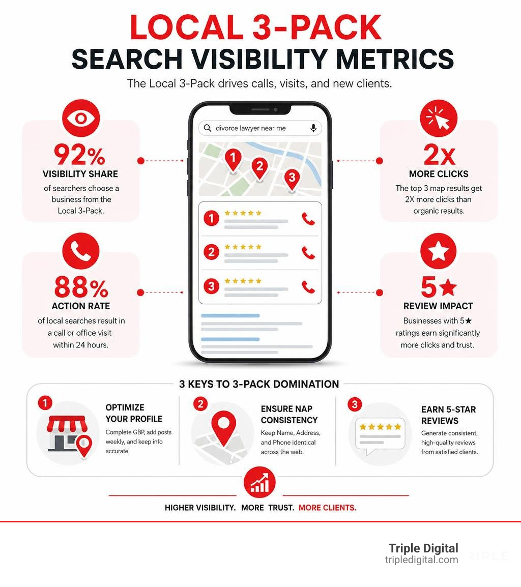 Infographic showing local 3-pack search visibility metrics infographic Infographic showing local 3-pack search visibility metrics infographic