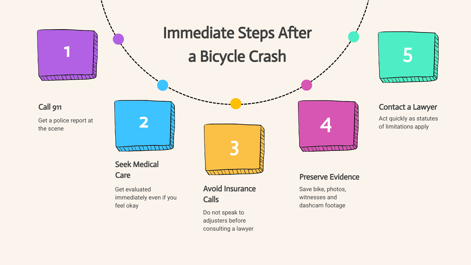 Infographic showing 5 immediate steps after a bicycle crash in New York City infographic Infographic showing 5 immediate steps after a bicycle crash in New York City infographic