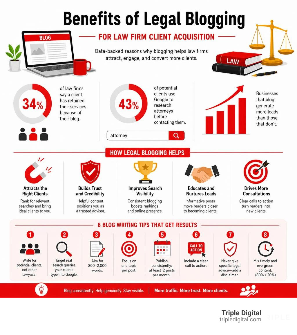 Benefits of legal blogging for law firm client acquisition — infographic showing key stats and tips infographic Benefits of legal blogging for law firm client acquisition — infographic showing key stats and tips infographic