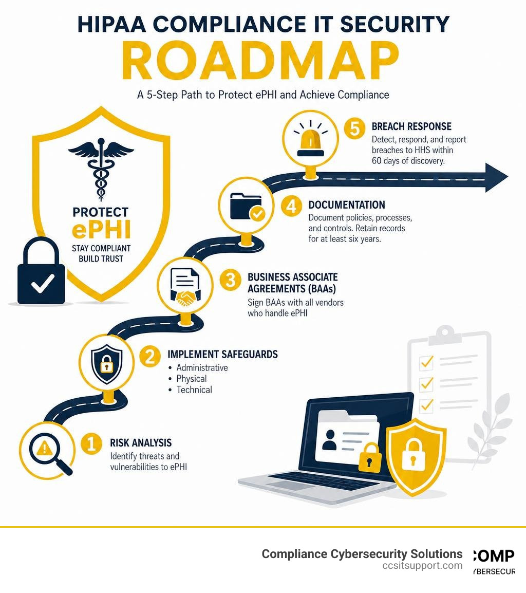 HIPAA compliance IT security roadmap: risk analysis, safeguards, BAAs, documentation, breach response infographic