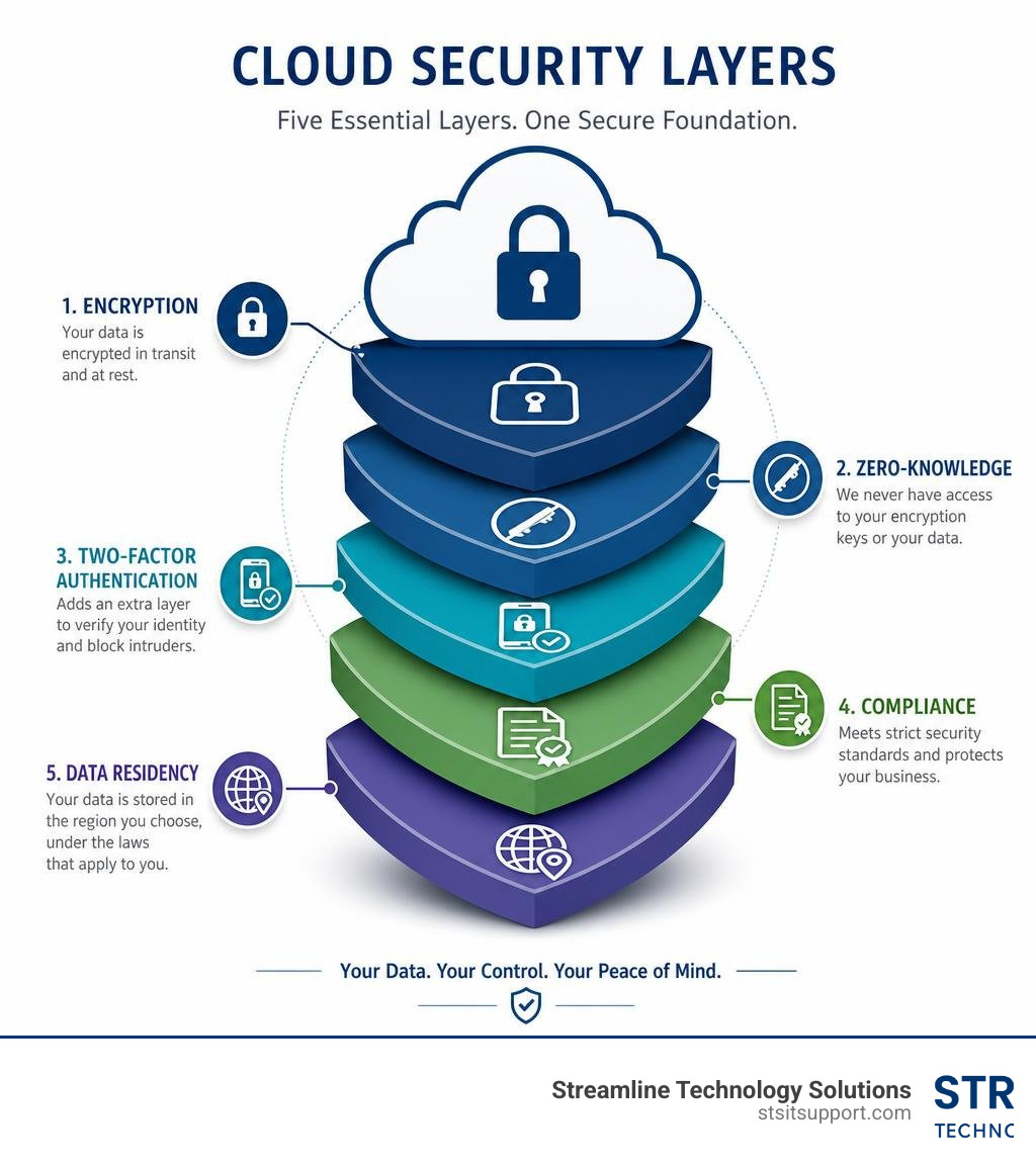 Cloud security layers infographic: encryption, zero-knowledge, 2FA, compliance, and data residency infographic Cloud security layers infographic: encryption, zero-knowledge, 2FA, compliance, and data residency infographic
