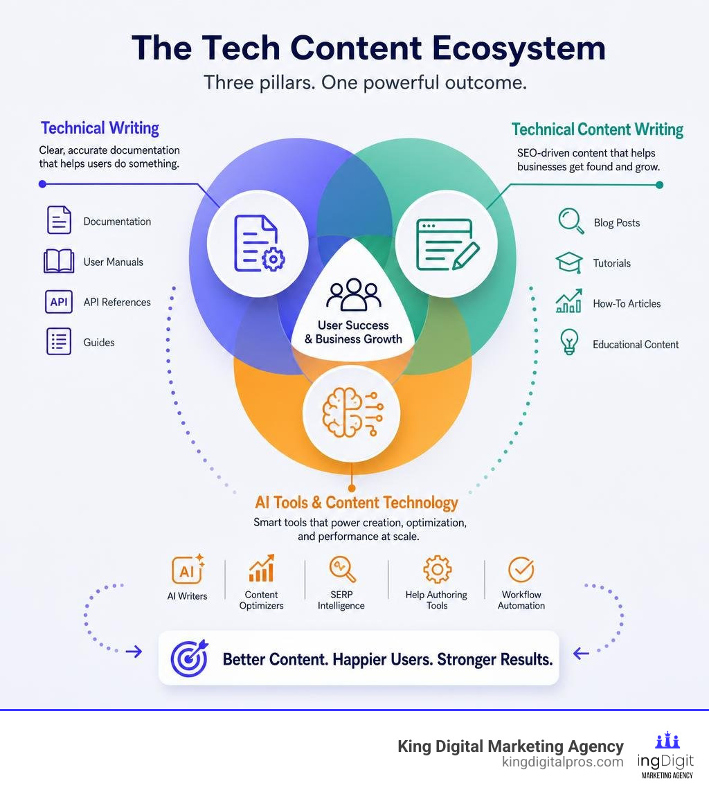 Infographic Showing The Tech Content Ecosystem: Technical Writing, Technical Content Writing, And Ai Tools Infographic