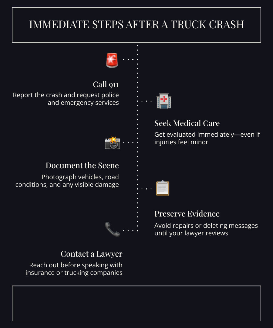 Infographic: immediate steps after a truck crash in Feasterville - call 911, seek medical care, document scene, preserve Infographic: immediate steps after a truck crash in Feasterville - call 911, seek medical care, document scene, preserve
