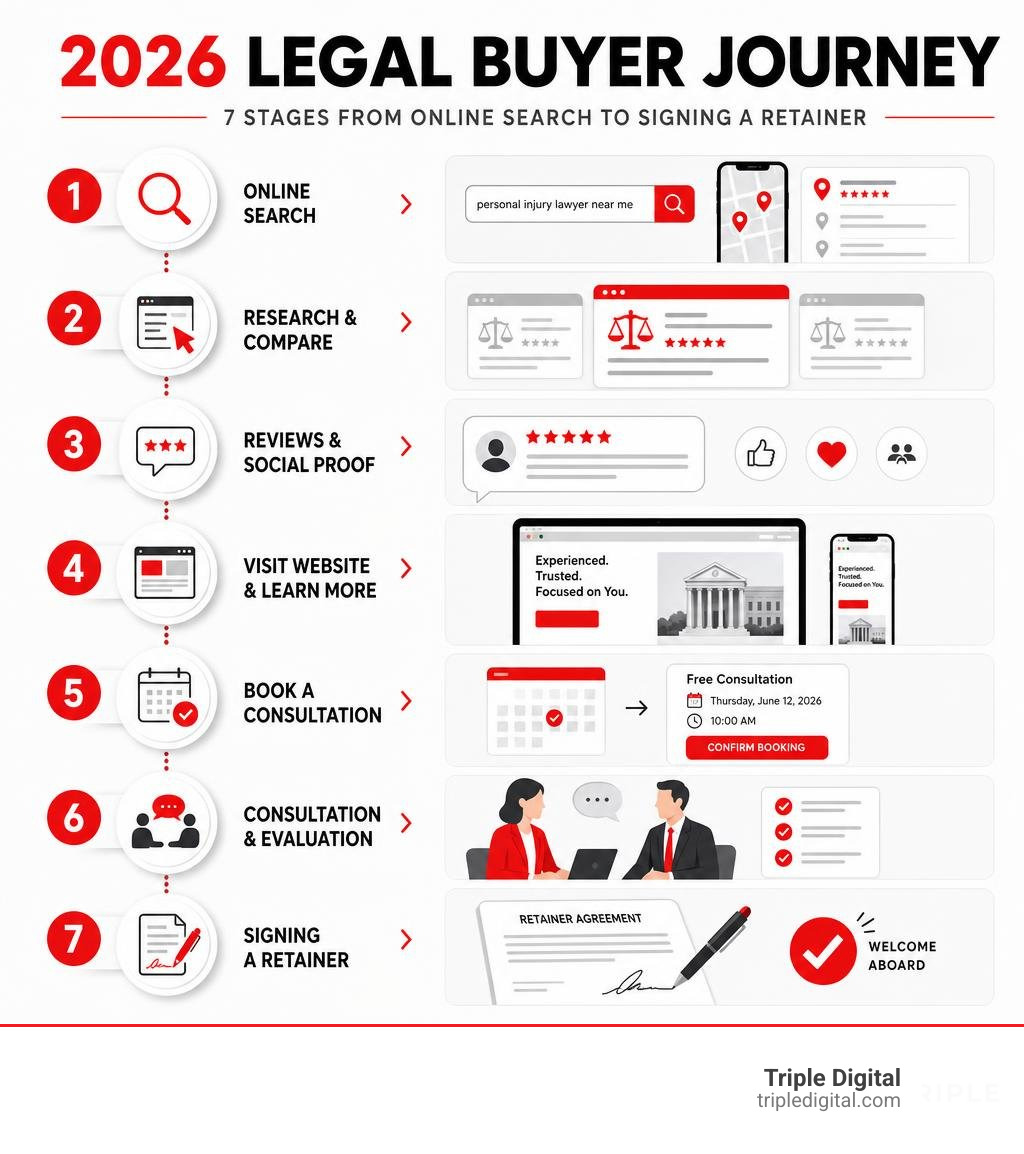 2026 legal buyer journey infographic showing 7 stages from online search to signing a retainer infographic 2026 legal buyer journey infographic showing 7 stages from online search to signing a retainer infographic