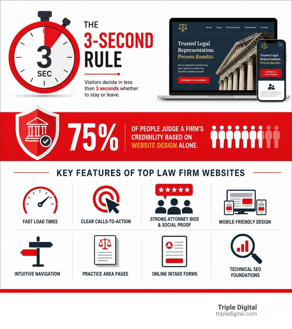 Infographic showing the 3-second rule, 75% credibility stat, and key features of top law firm websites infographic Infographic showing the 3-second rule, 75% credibility stat, and key features of top law firm websites infographic