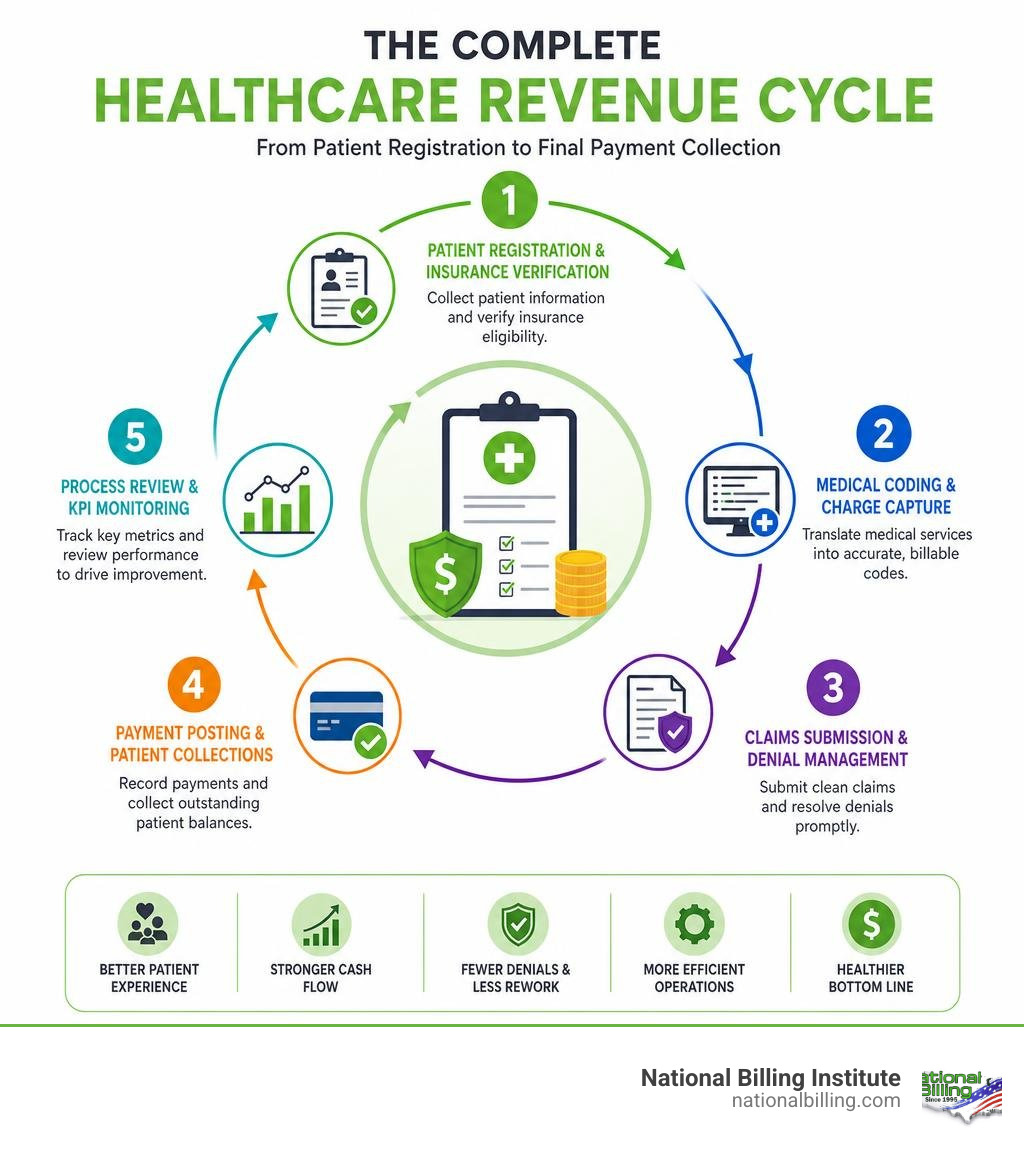 Infographic showing the complete healthcare revenue cycle from patient registration to final payment collection infographic