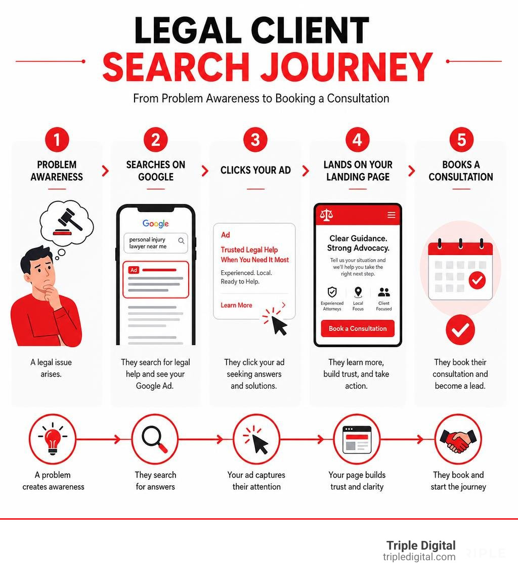 Legal client search journey infographic from problem awareness to booking a consultation infographic Legal client search journey infographic from problem awareness to booking a consultation infographic