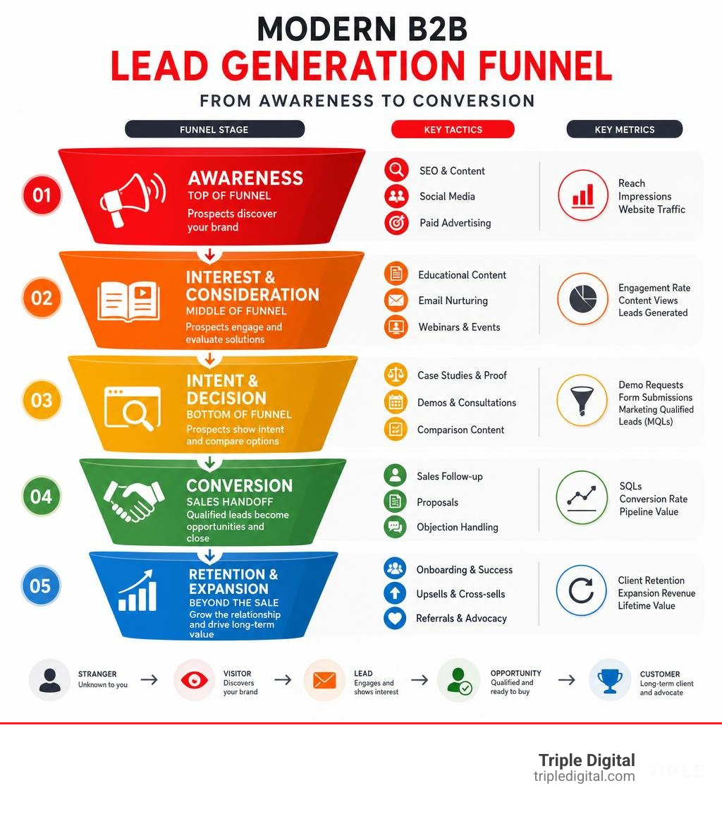 Modern B2B lead generation funnel stages from awareness to conversion with key tactics and metrics infographic Modern B2B lead generation funnel stages from awareness to conversion with key tactics and metrics infographic
