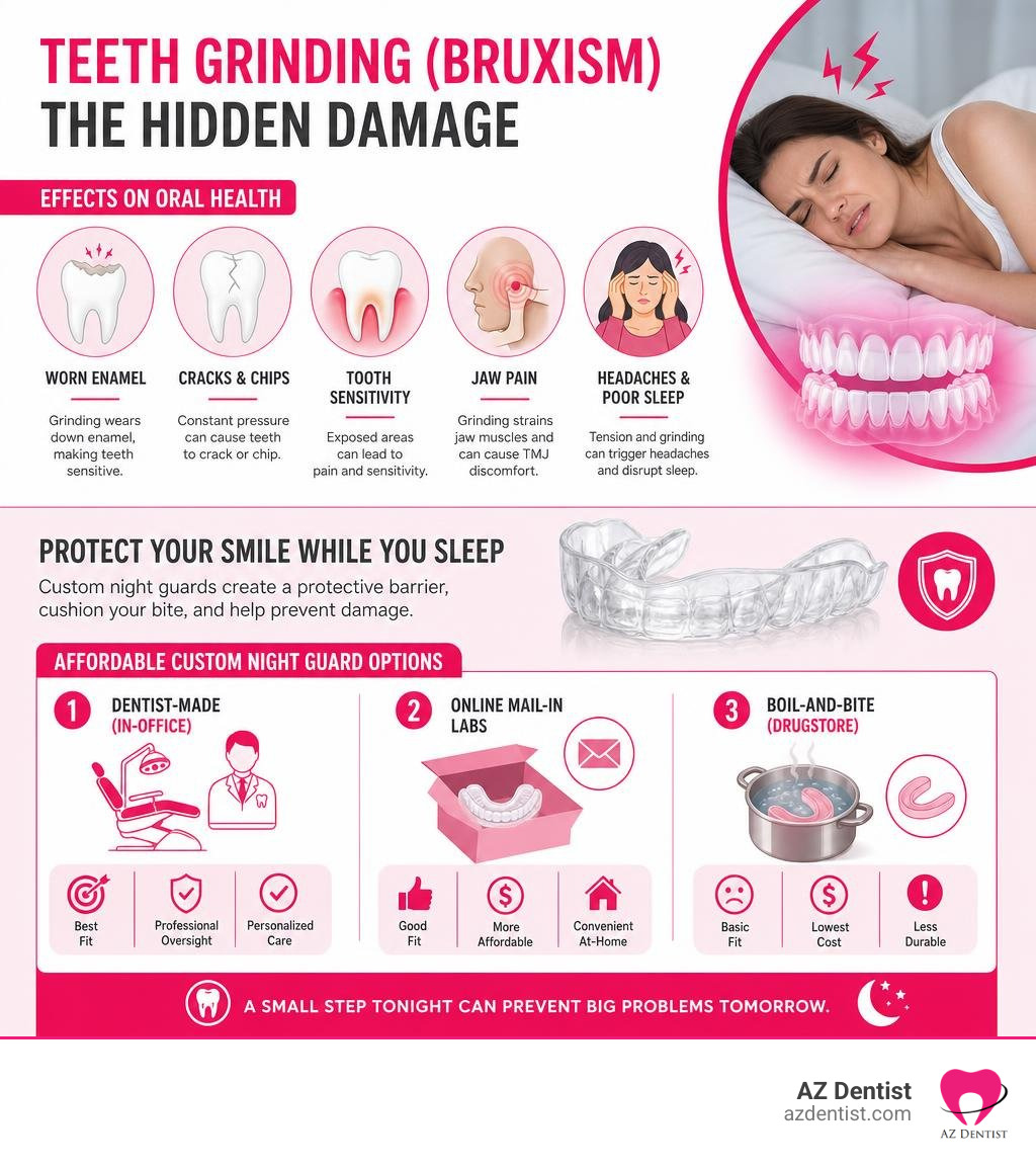 Infographic showing effects of teeth grinding on oral health and affordable custom night guard options infographic Infographic showing effects of teeth grinding on oral health and affordable custom night guard options infographic