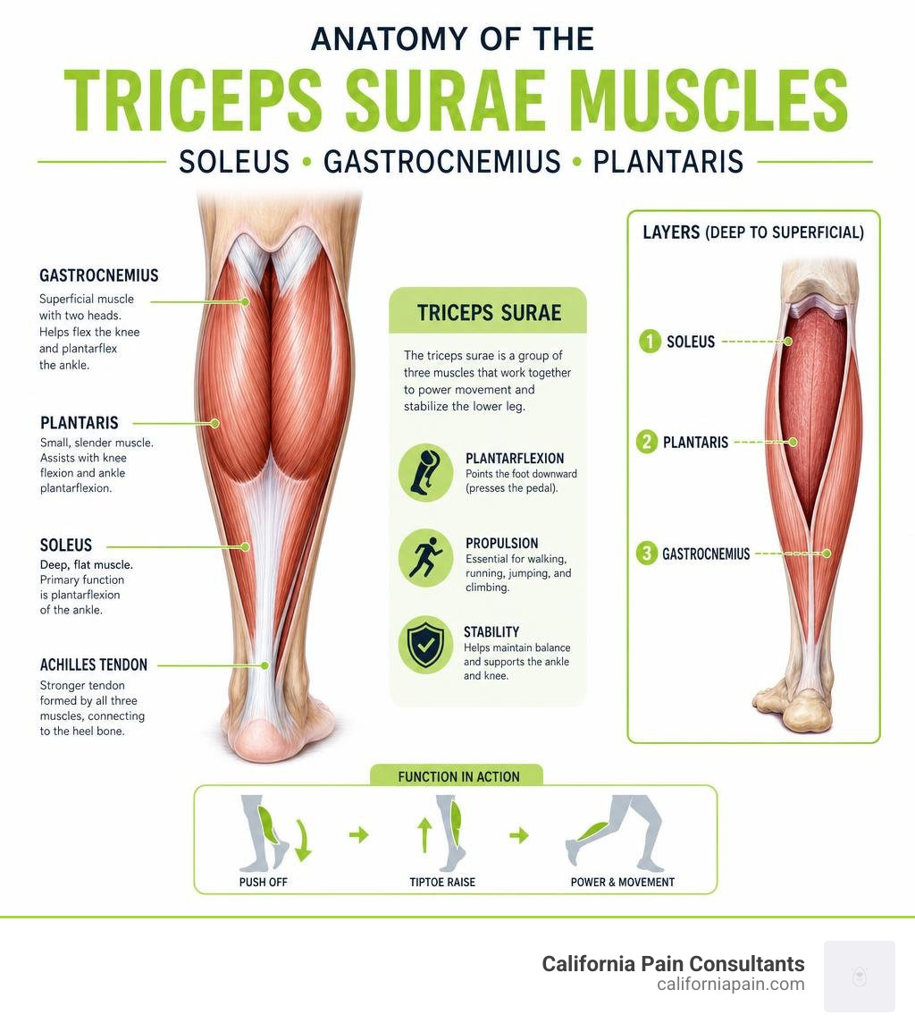 Anatomy of the triceps surae muscles including soleus, gastrocnemius, and plantaris infographic