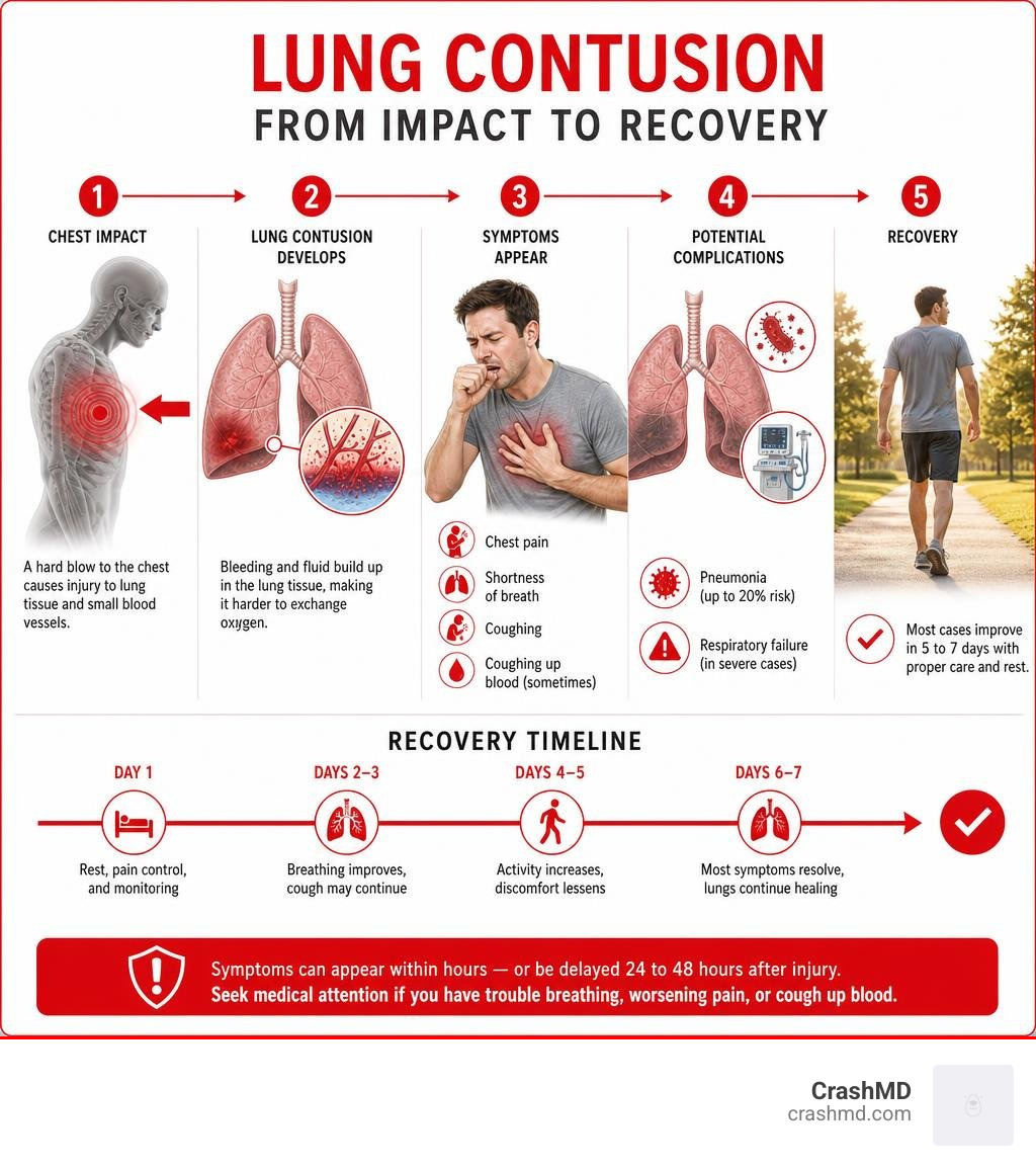 Infographic showing progression of lung contusion from chest impact to symptoms, complications, and recovery timeline