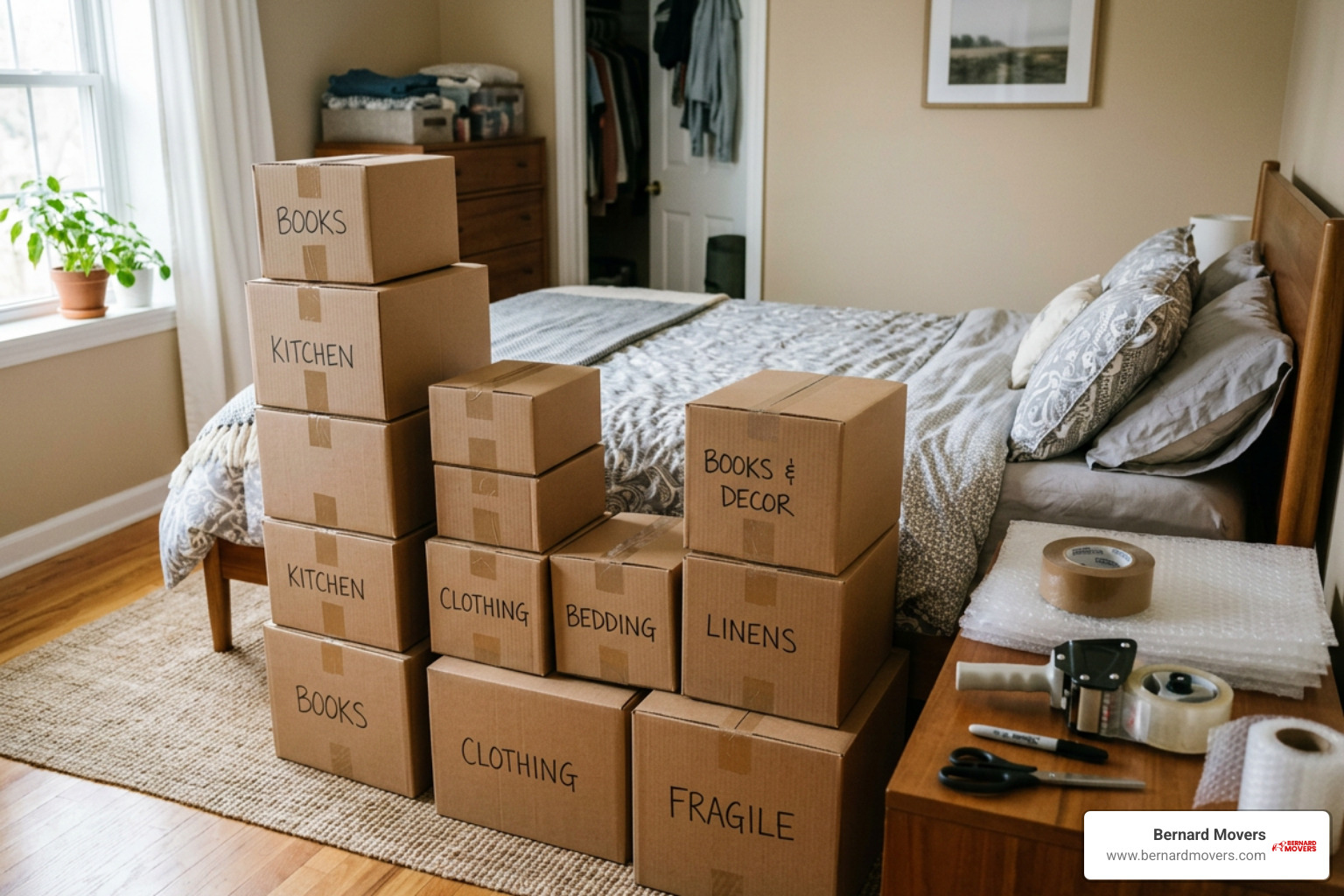 Moving supplies Chicago stacked in a bedroom ready for packing Moving supplies Chicago stacked in a bedroom ready for packing