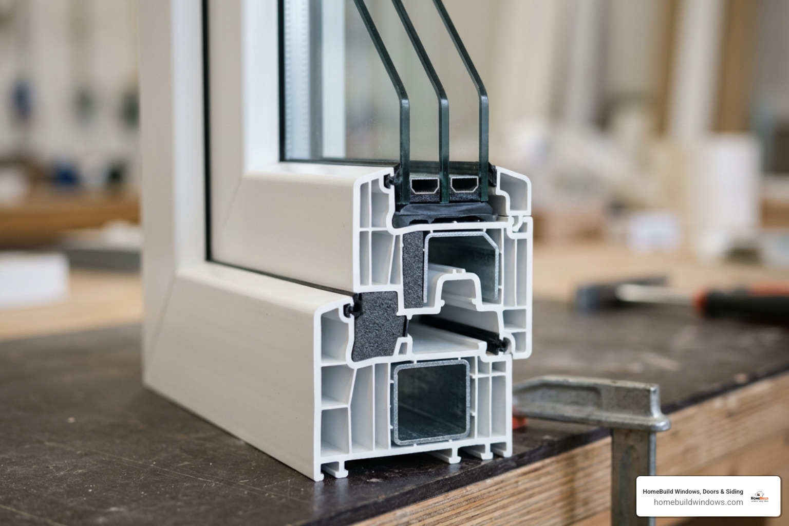 High-quality window frames showing insulation layers, low-E glass, and multi-chambered vinyl construction