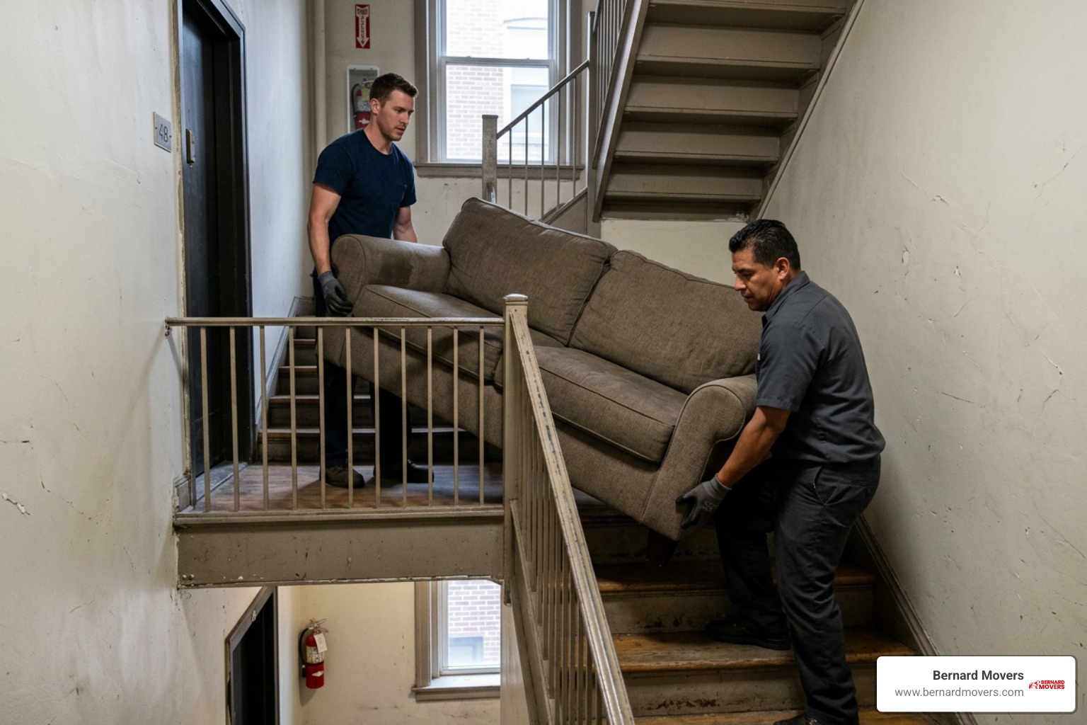 movers carrying a heavy sofa up apartment stairs