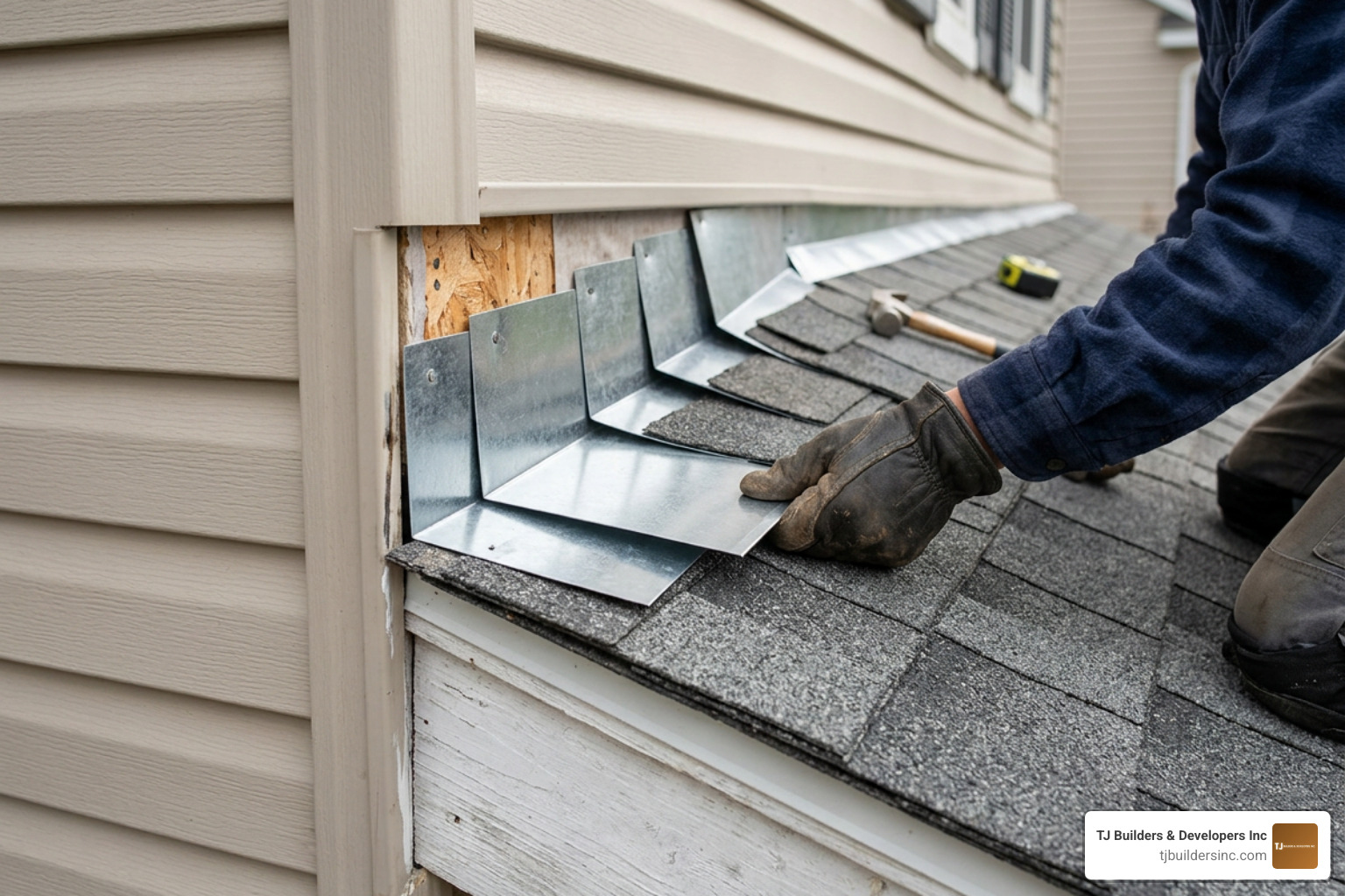 Step flashing installed along a roof-to-wall transition Step flashing installed along a roof-to-wall transition