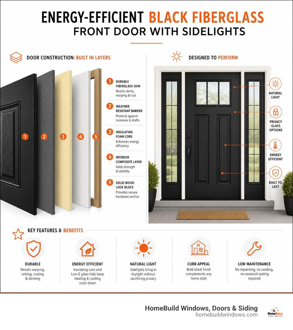 Infographic showing layers and key features of an energy-efficient black fiberglass front door with sidelights infographic Infographic showing layers and key features of an energy-efficient black fiberglass front door with sidelights infographic