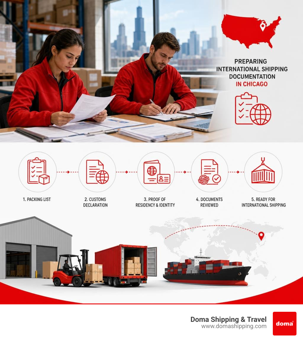 Doma Shipping workers in red uniforms preparing international shipping documentation in Chicago warehouse infographic Doma Shipping workers in red uniforms preparing international shipping documentation in Chicago warehouse infographic