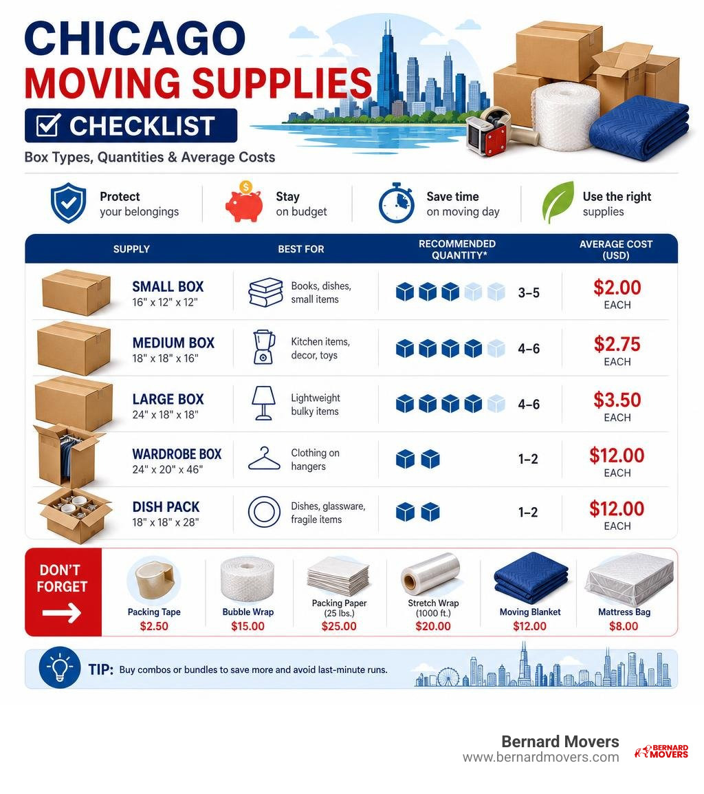 Chicago moving supplies checklist infographic with box types, quantities, and average costs infographic Chicago moving supplies checklist infographic with box types, quantities, and average costs infographic