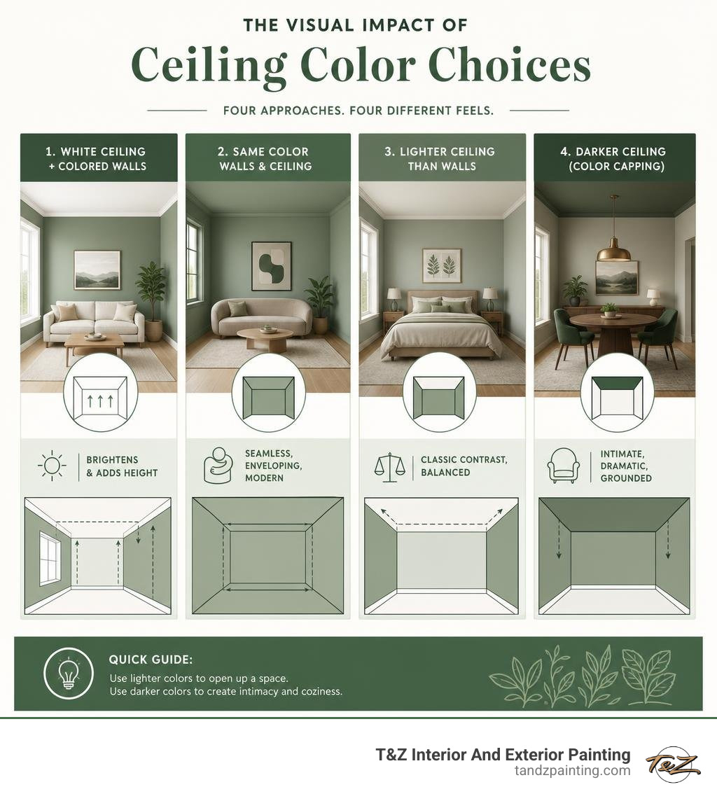 Infographic showing visual impact of white, same-color, lighter, and darker ceiling choices on room perception infographic Infographic showing visual impact of white, same-color, lighter, and darker ceiling choices on room perception infographic