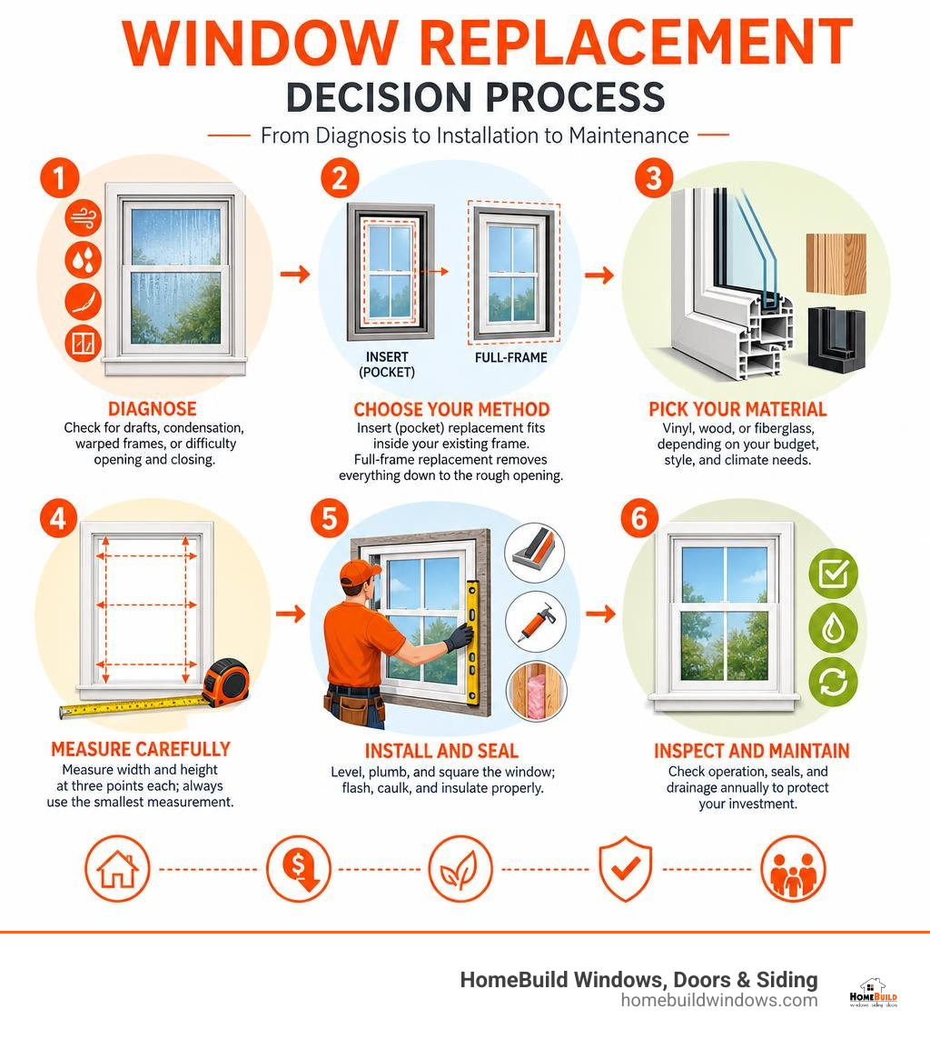 Infographic showing the window replacement decision process from diagnosis to installation to maintenance infographic