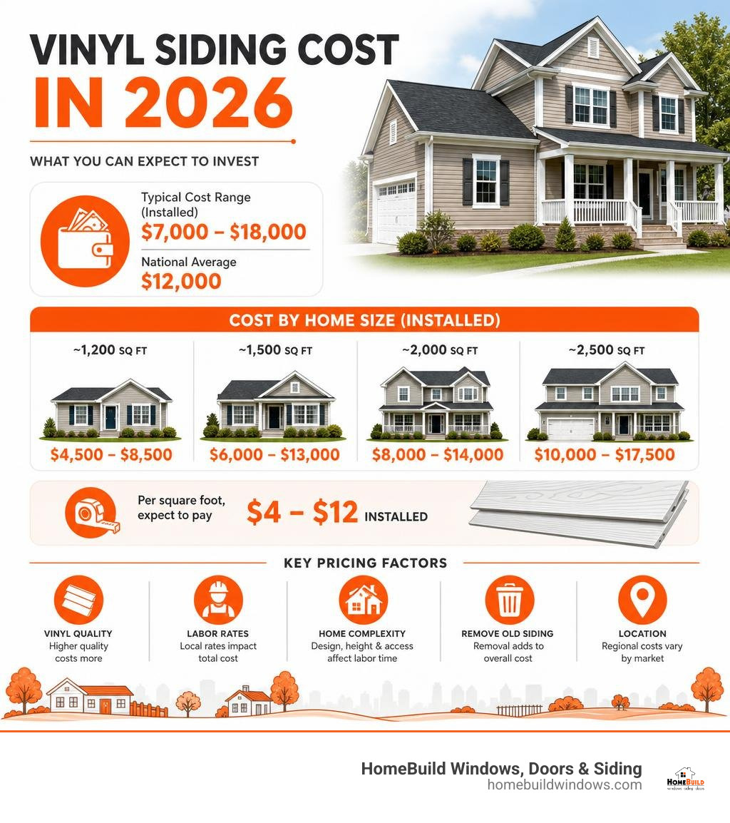 Infographic showing vinyl siding cost ranges by home size and key pricing factors for 2026 infographic