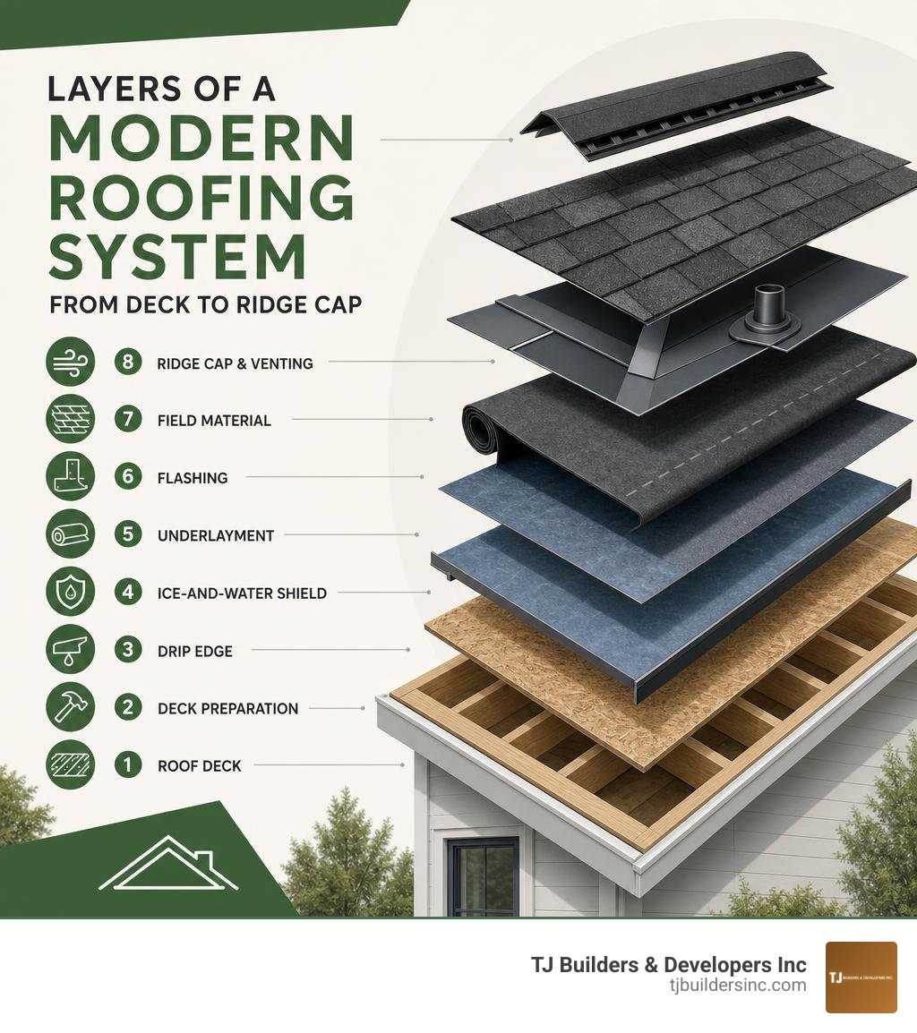 Layers of a modern roofing system from deck to ridge cap infographic infographic Layers of a modern roofing system from deck to ridge cap infographic infographic