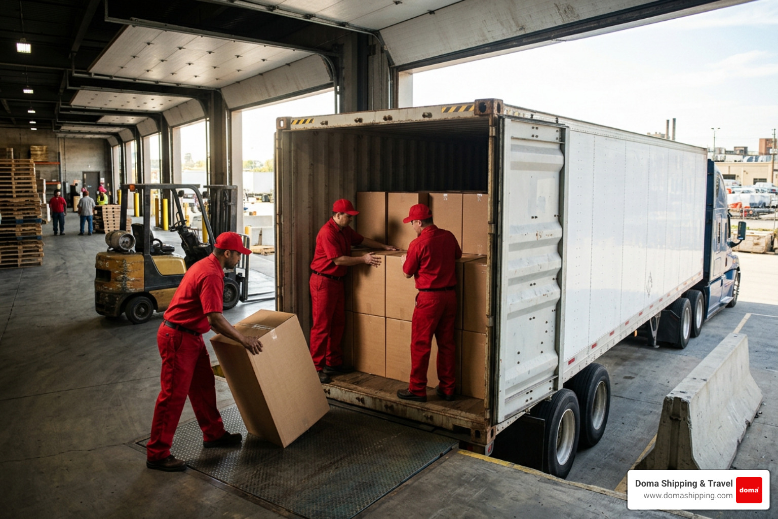 Doma Shipping workers wearing red uniforms loading a 40-foot cargo container in Chicago for ocean transport to Europe