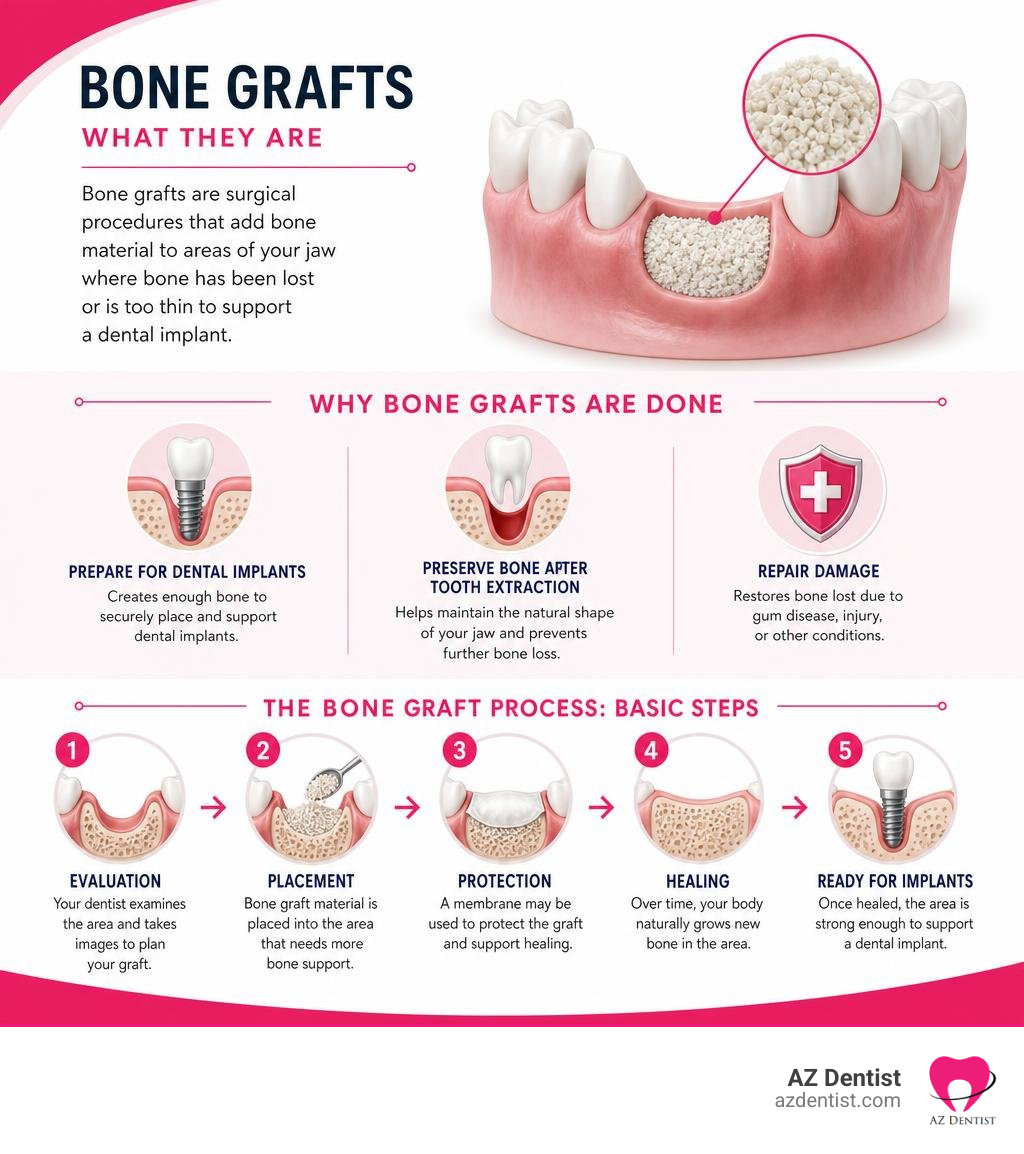 Infographic showing what bone grafts are, why they are done, and the basic steps of the procedure infographic