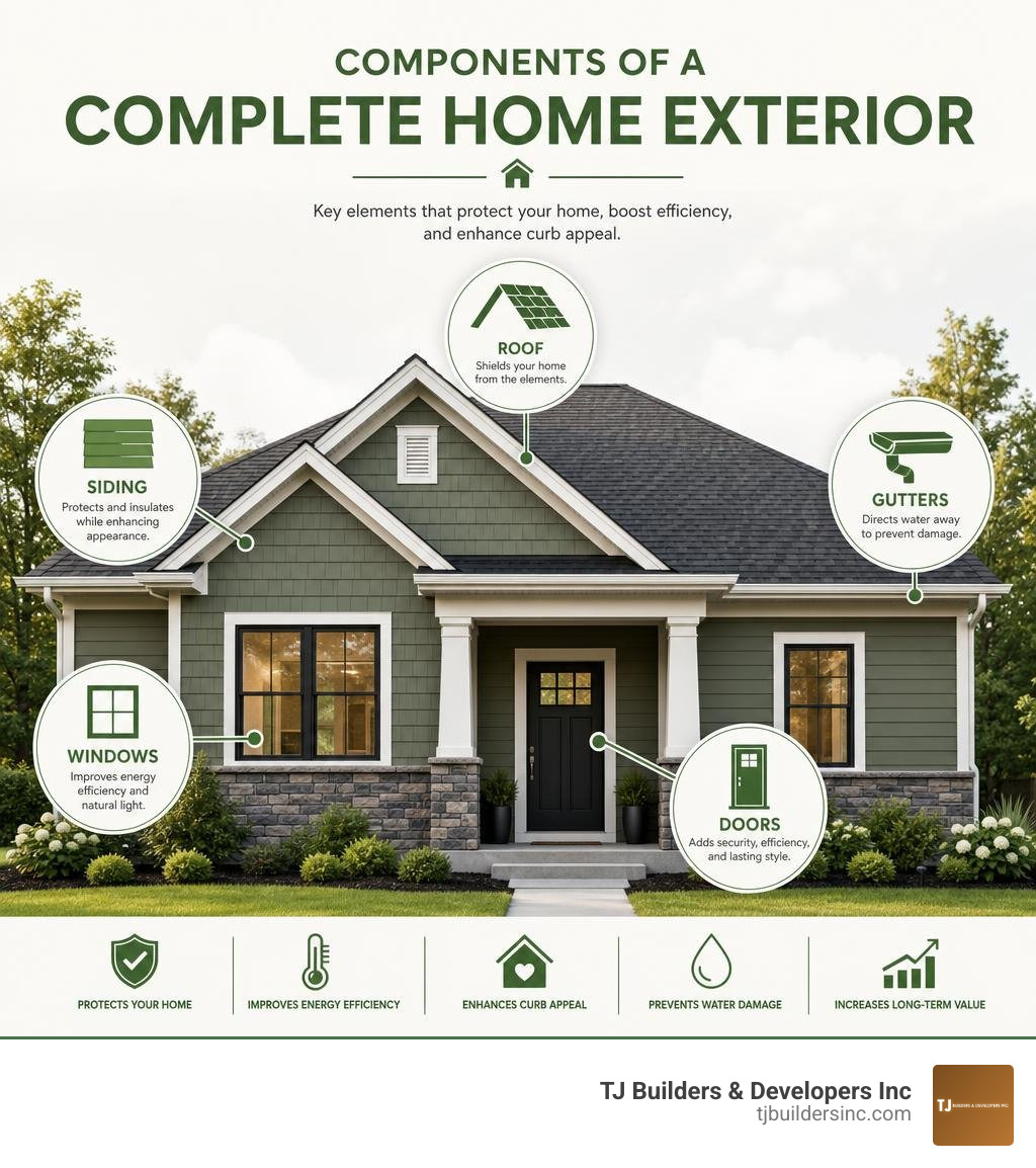 infographic showing components of a complete home exterior including roof siding windows doors and gutters infographic infographic showing components of a complete home exterior including roof siding windows doors and gutters infographic