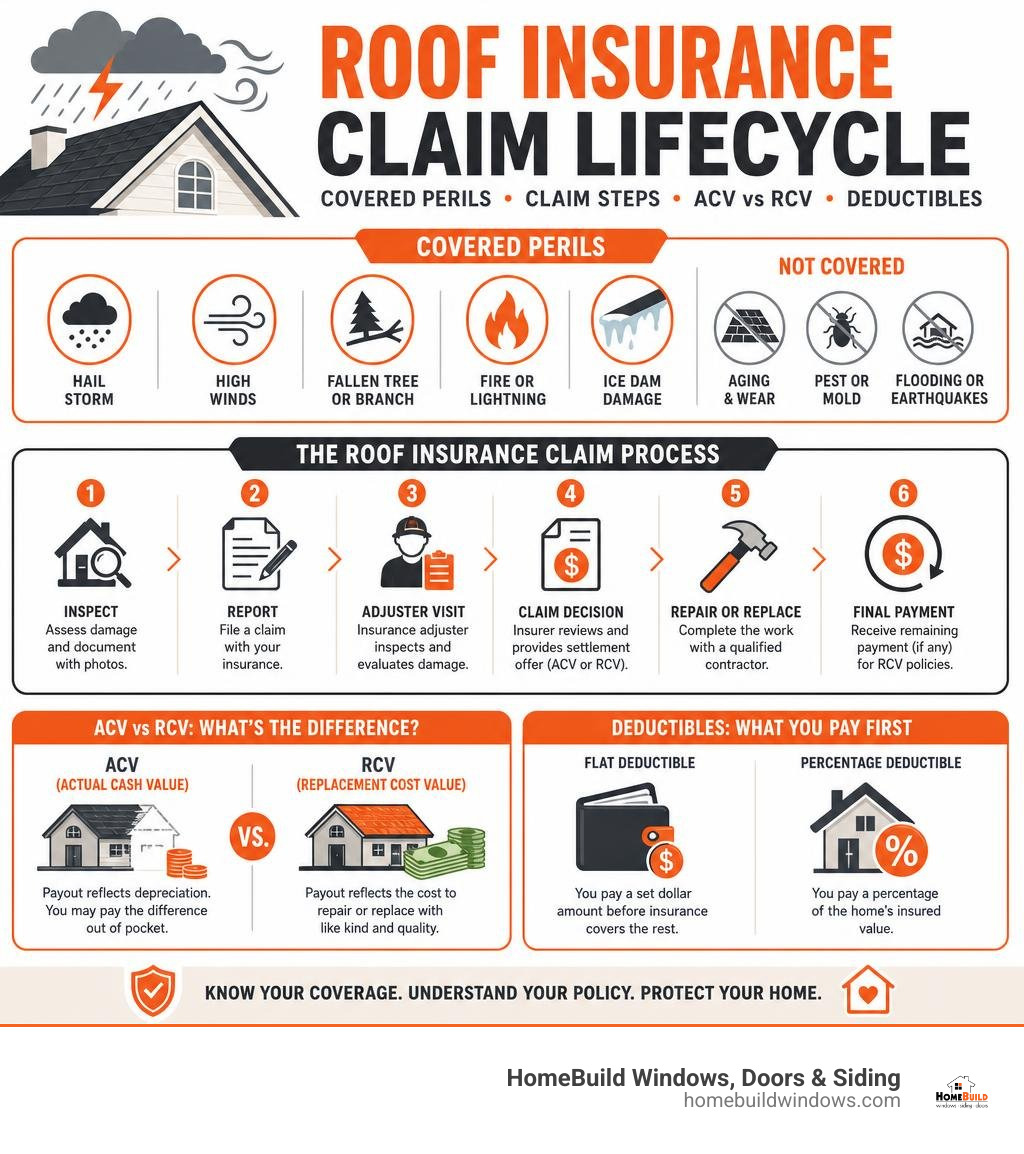Roof insurance claim lifecycle infographic showing covered perils, claim steps, ACV vs RCV, and deductibles infographic