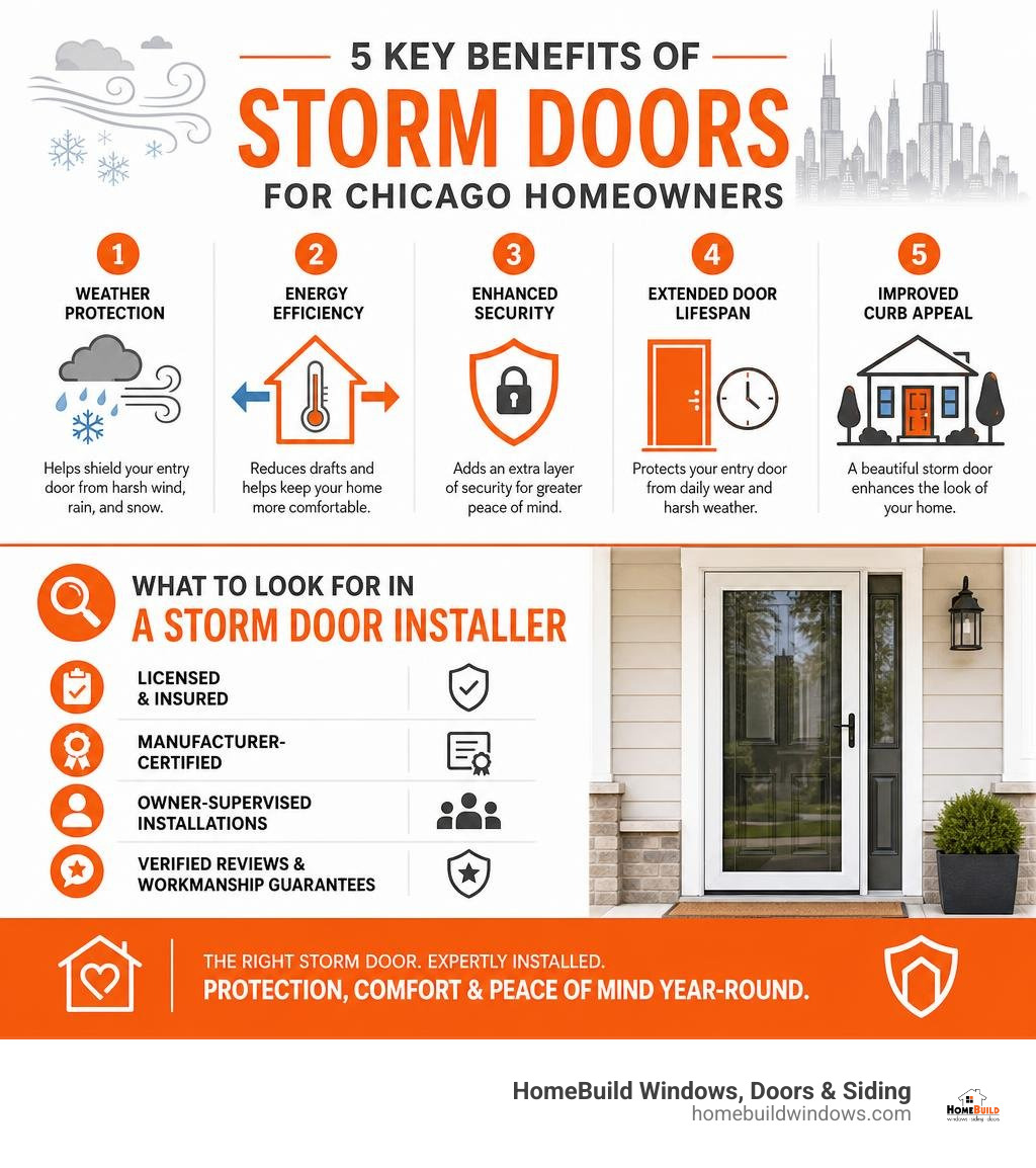 Infographic: 5 key benefits of storm doors for Chicago homeowners and what to look for in a storm door installer infographic