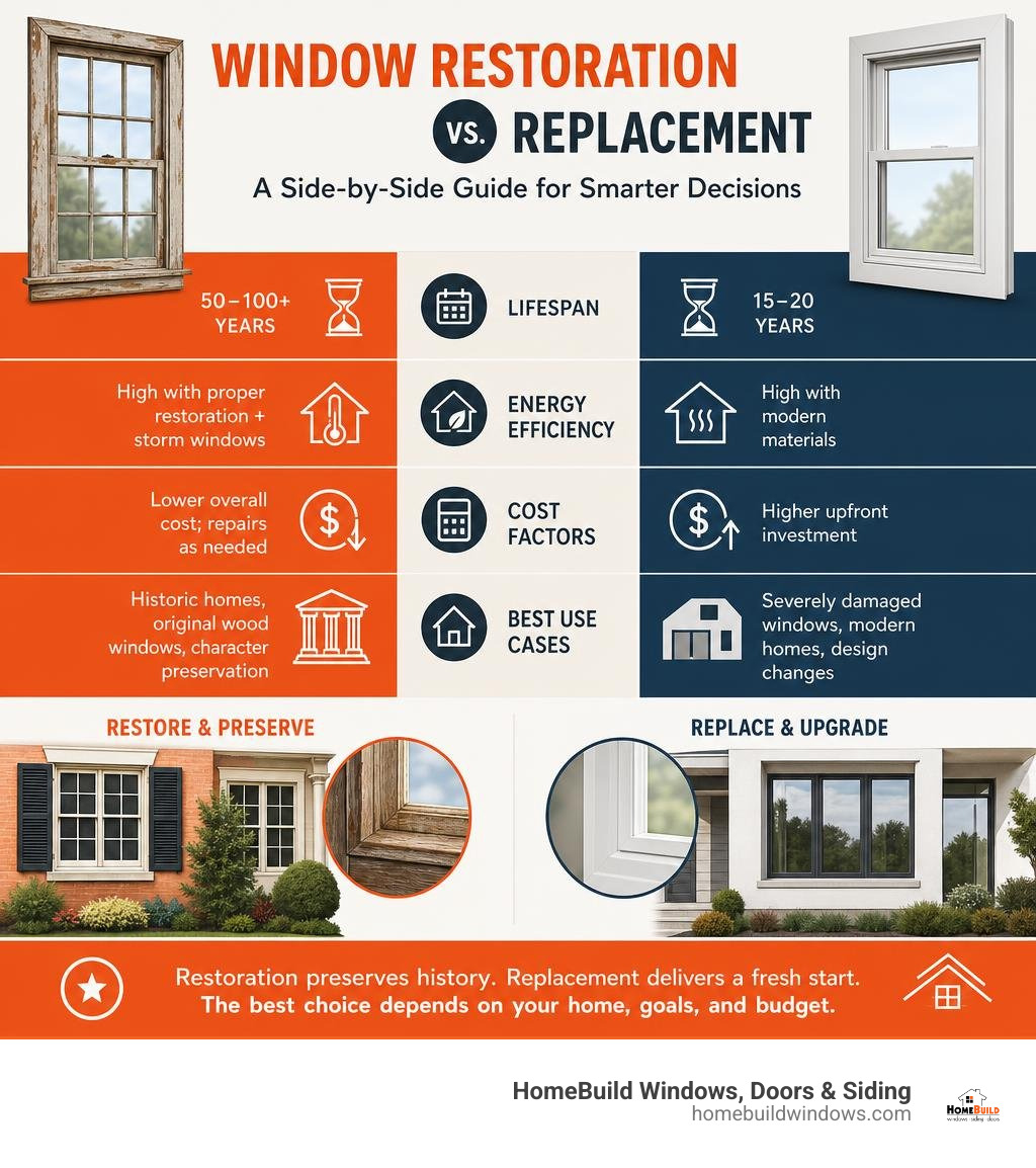 Infographic comparing window restoration vs replacement: lifespan, energy efficiency, cost factors, and best use cases