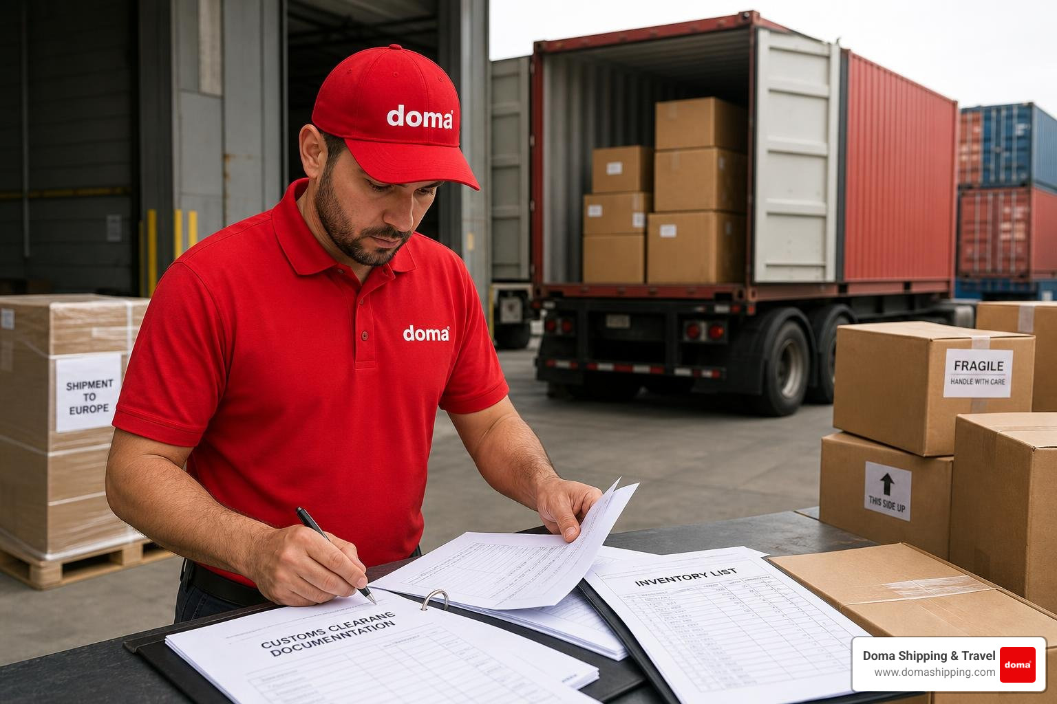 Doma Shipping coordinator in a red cap preparing customs clearance documentation and inventory lists for European import