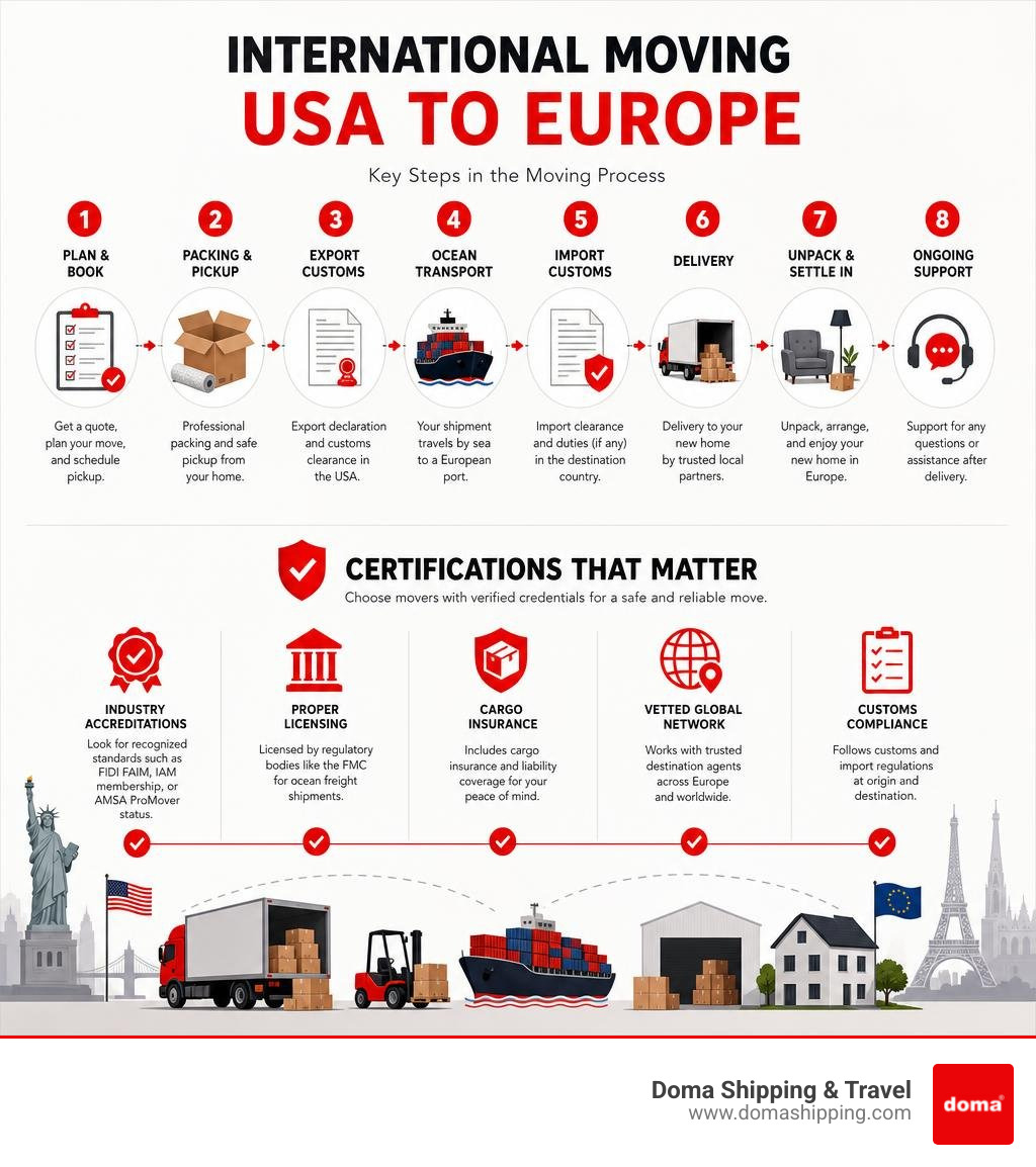 Infographic showing key steps and certifications in the international moving process from USA to Europe infographic