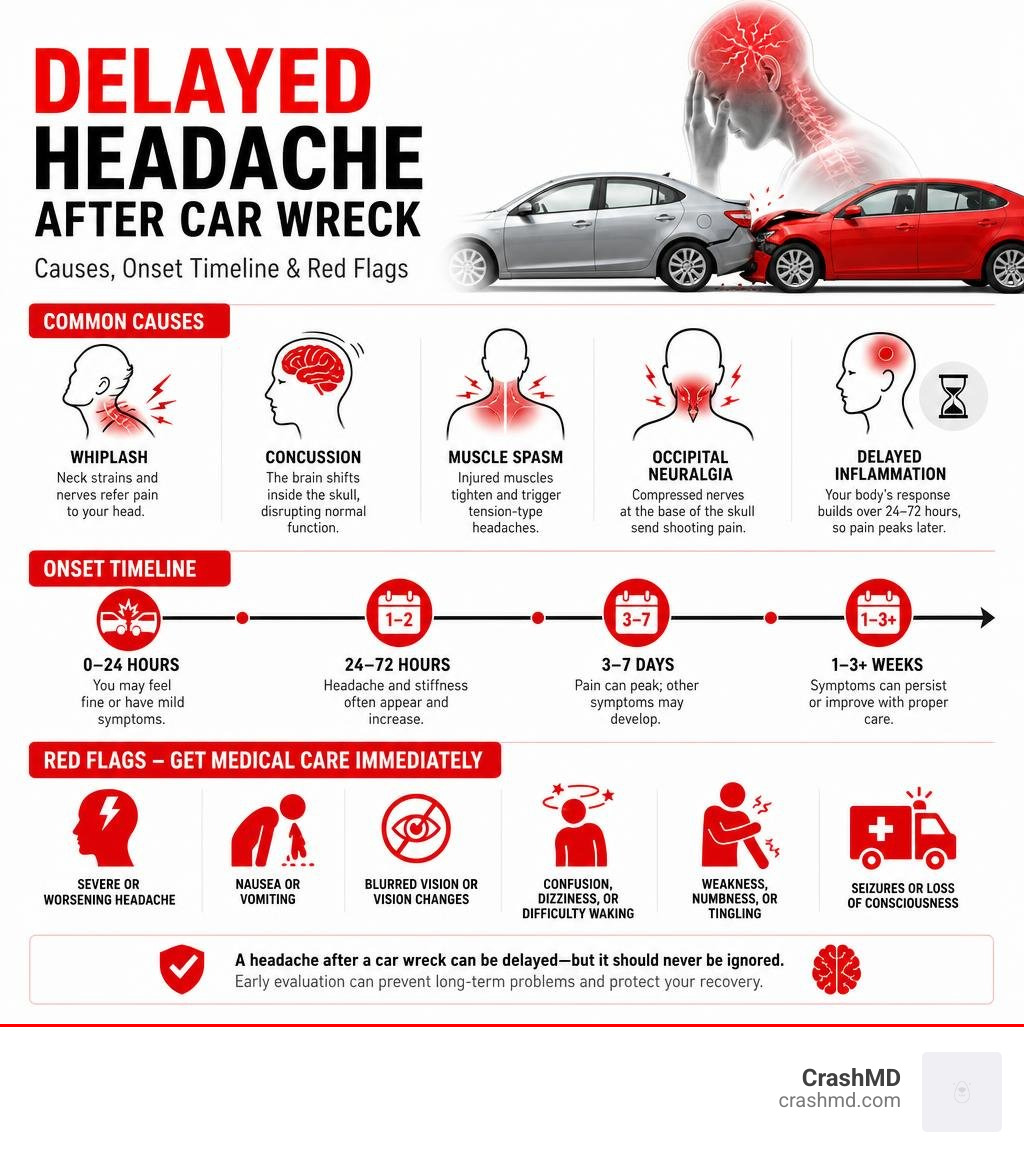 Infographic showing delayed headache symptoms after car wreck: causes, onset timeline, and red flags infographic
