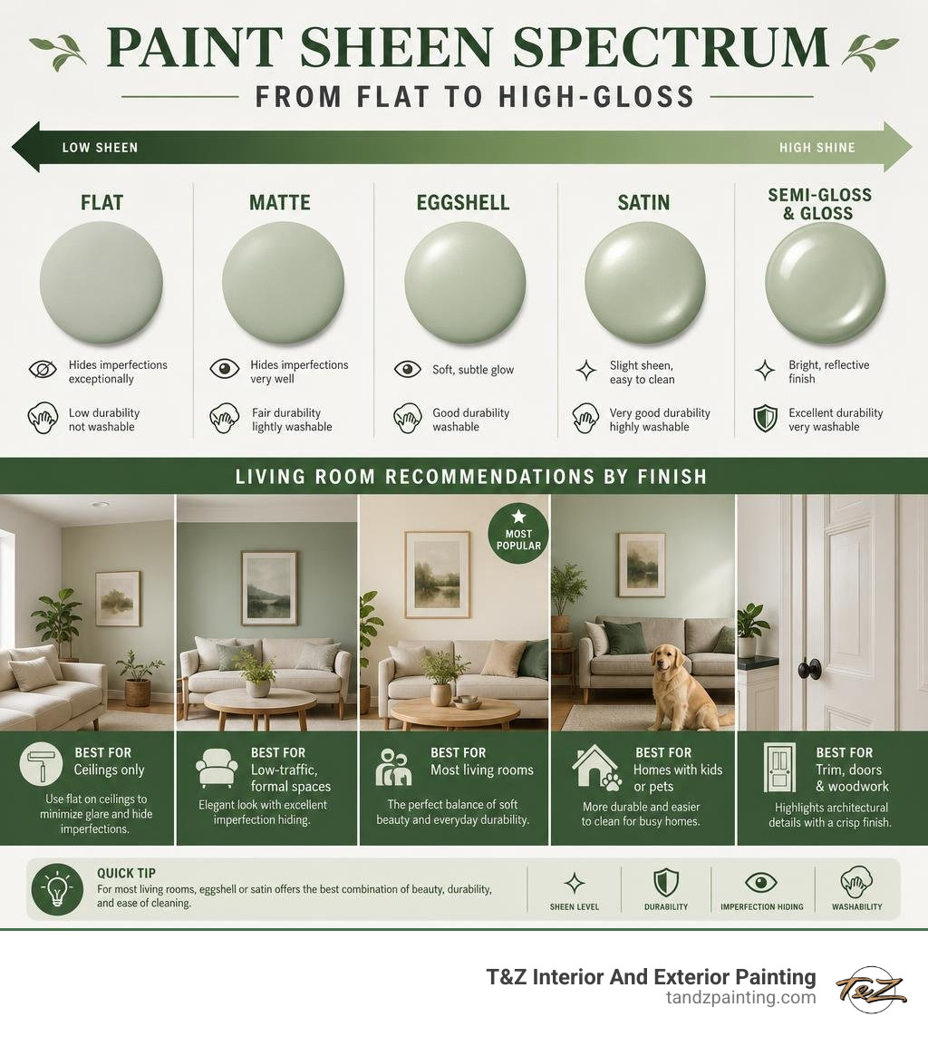 Paint sheen spectrum from flat to high-gloss with living room recommendations by finish type infographic Paint sheen spectrum from flat to high-gloss with living room recommendations by finish type infographic