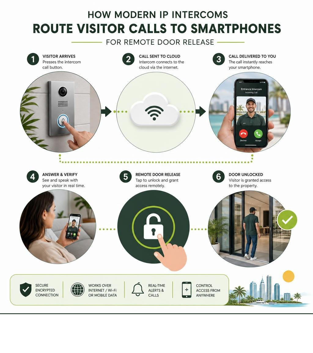 How modern IP intercoms route visitor calls to smartphones for remote door release infographic