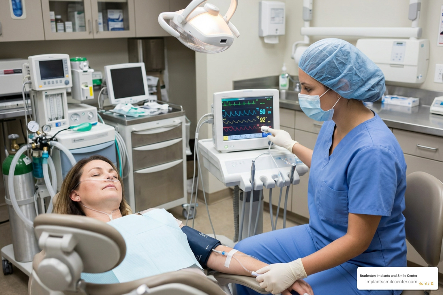 Dental assistant monitoring patient vital signs during sedation Dental assistant monitoring patient vital signs during sedation
