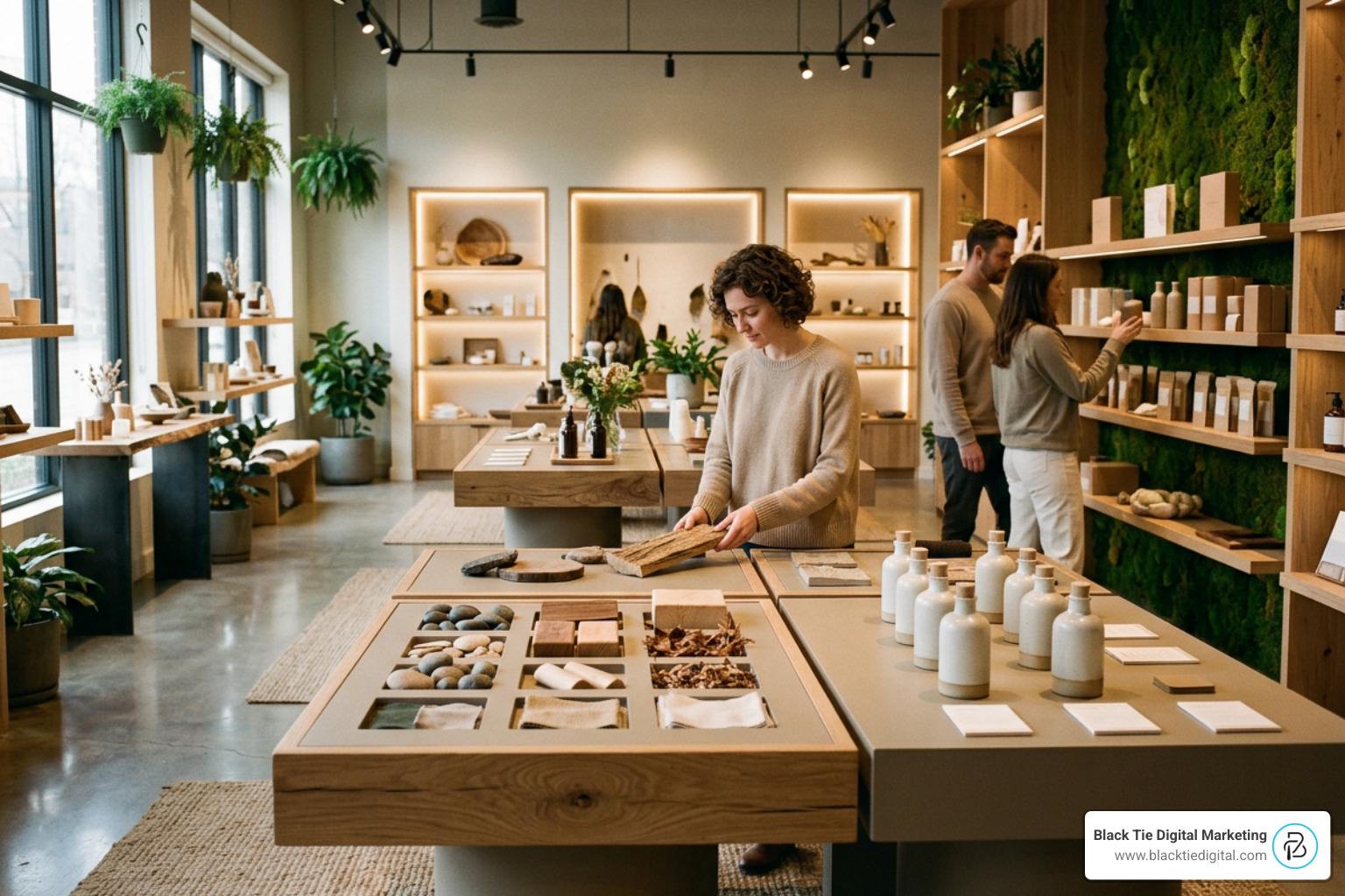 A beautiful multisensory retail space with warm lighting, natural elements, and interactive display tables A beautiful multisensory retail space with warm lighting, natural elements, and interactive display tables